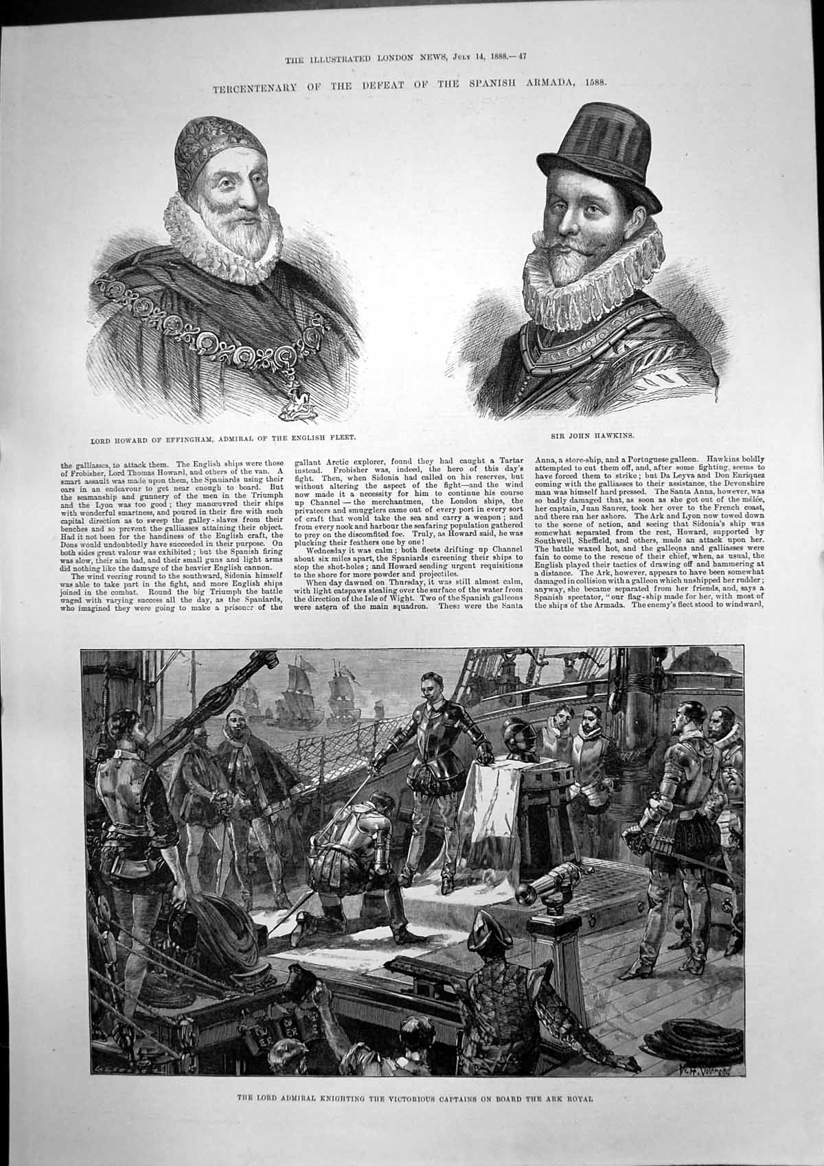 Antique Print Defeat Spanish Armada Lord Howard John Hawkins Ark Royal1888 19th