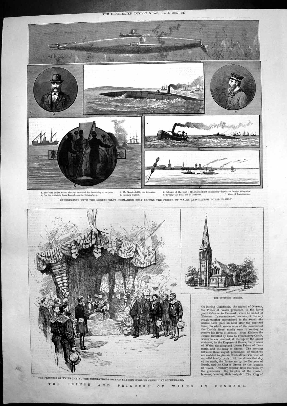 Antique Old Print Prince Princess Wales Denmark Nordenfeldt Submarine 1885 19th