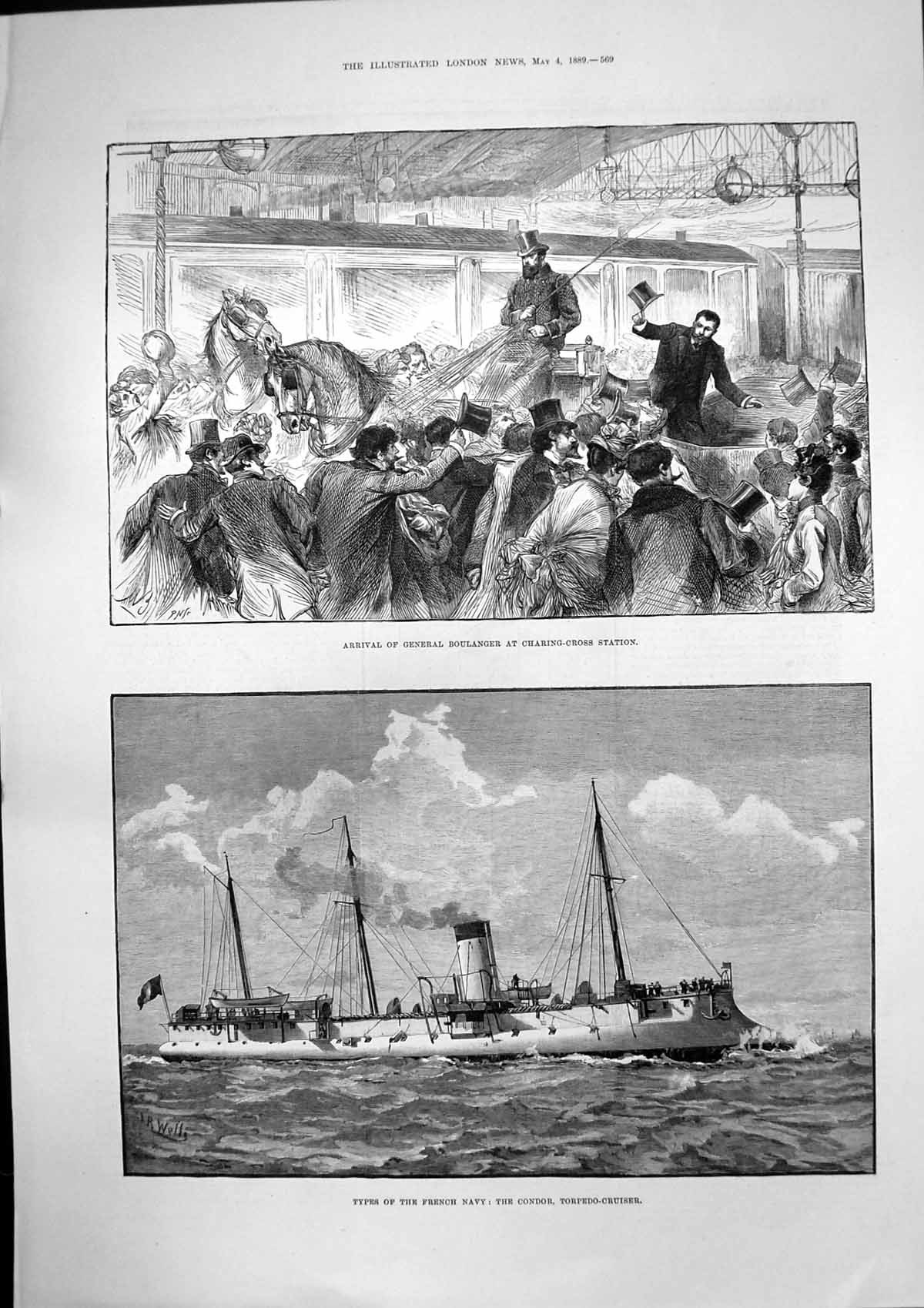 Antique Old Print General Boulanger Charing Cross Condor Torpedo Cruiser 1889