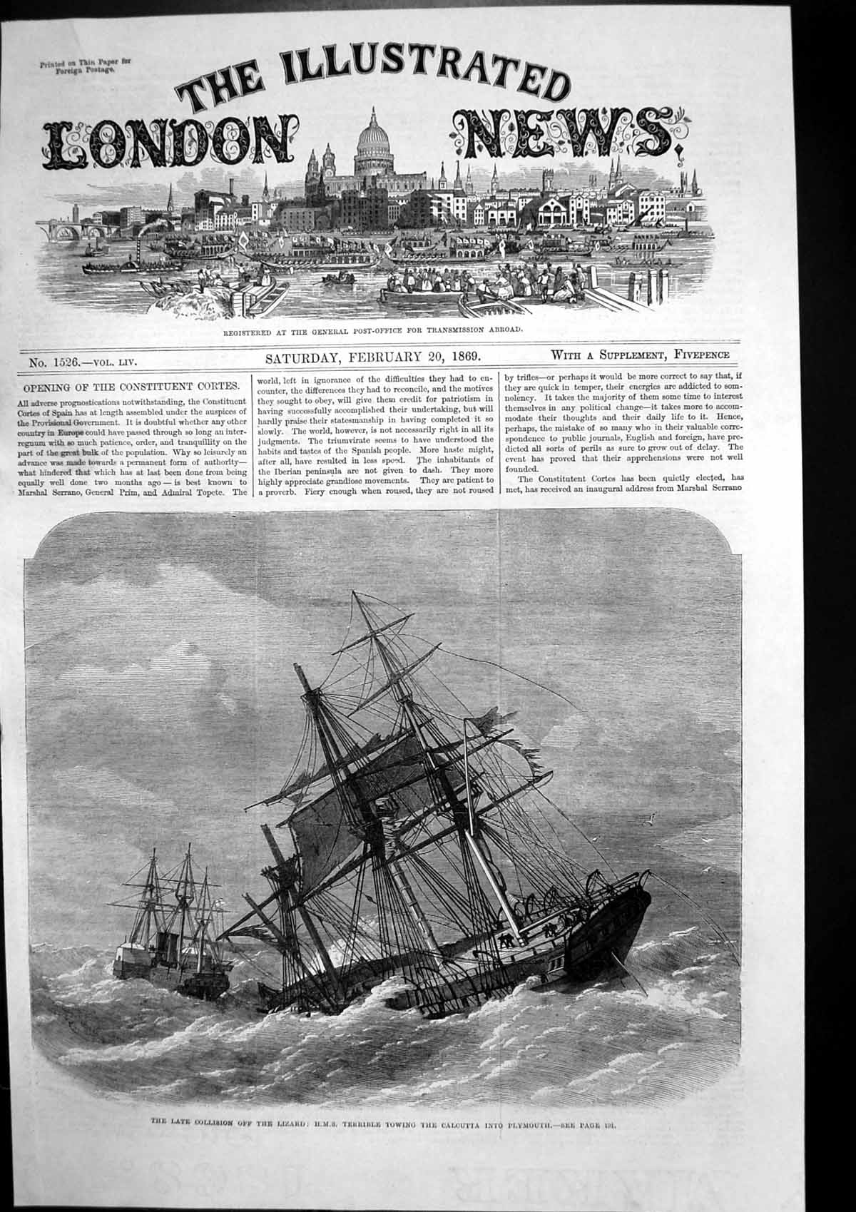 Antique Old Print Collision Lizard Hms Terrible Towing Calcutta Plymouth 1869