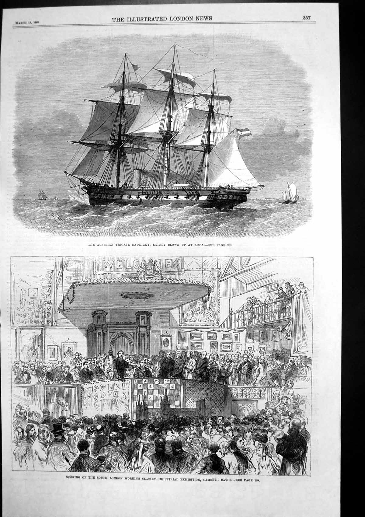 Antique Print Austrian Frigate Radetzky Blown Up Opening Working Class 1869