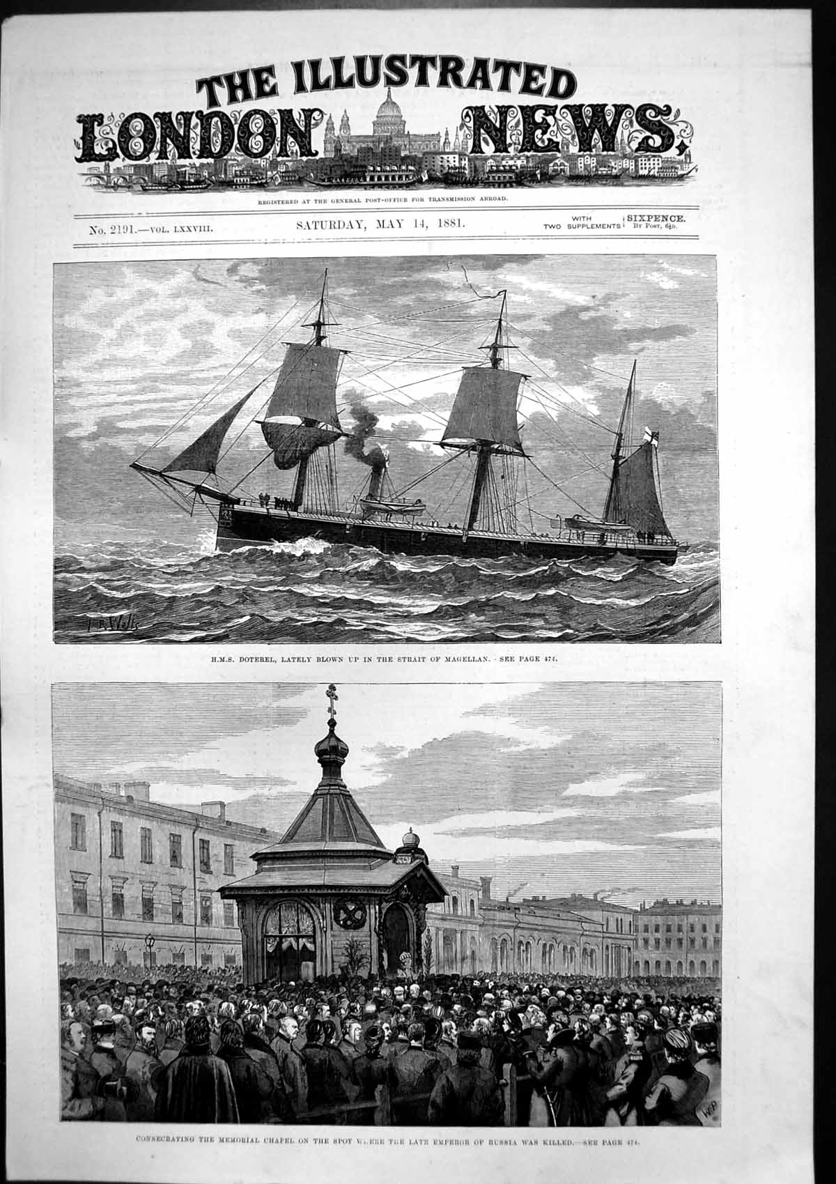Antique Old Print Hms Doterel Blown Up Memorial Emperor Russia Killed 1881 19th