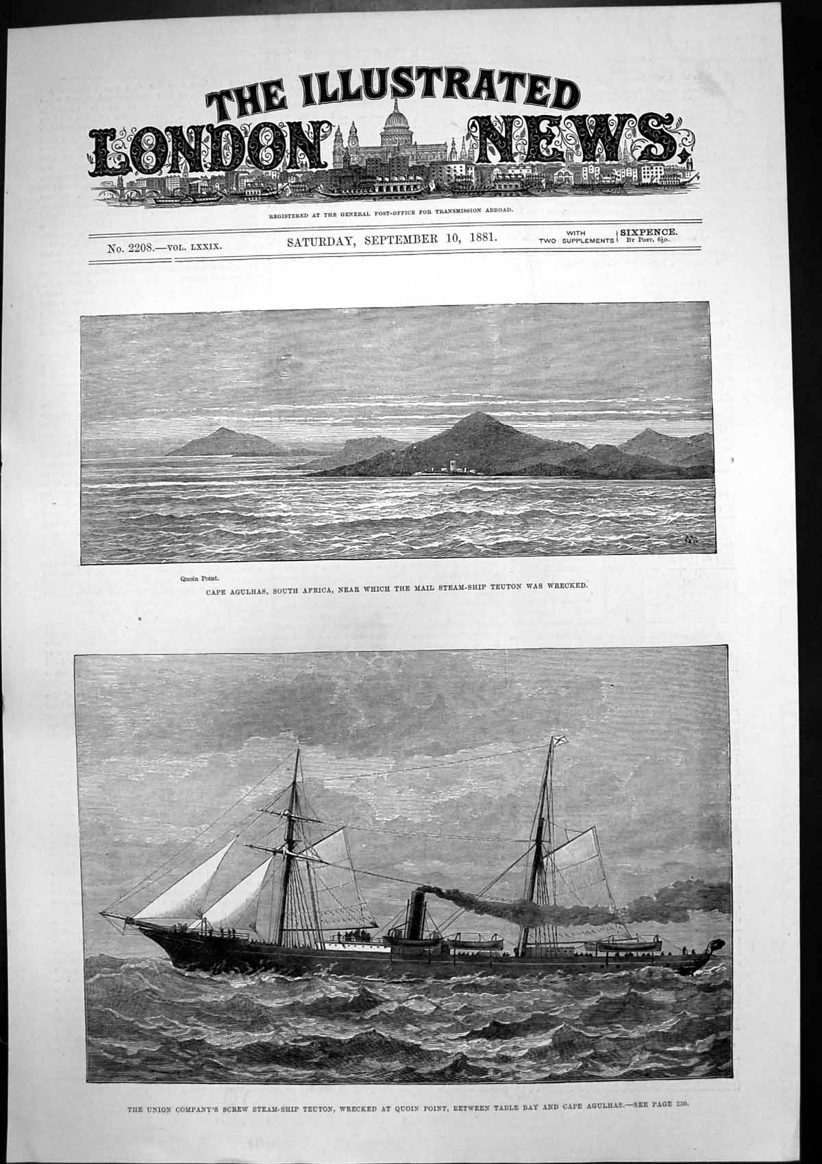 Antique Print Screw Steamship Teuton Wrecked Quoin Point Cape Agulhas 1881 19th