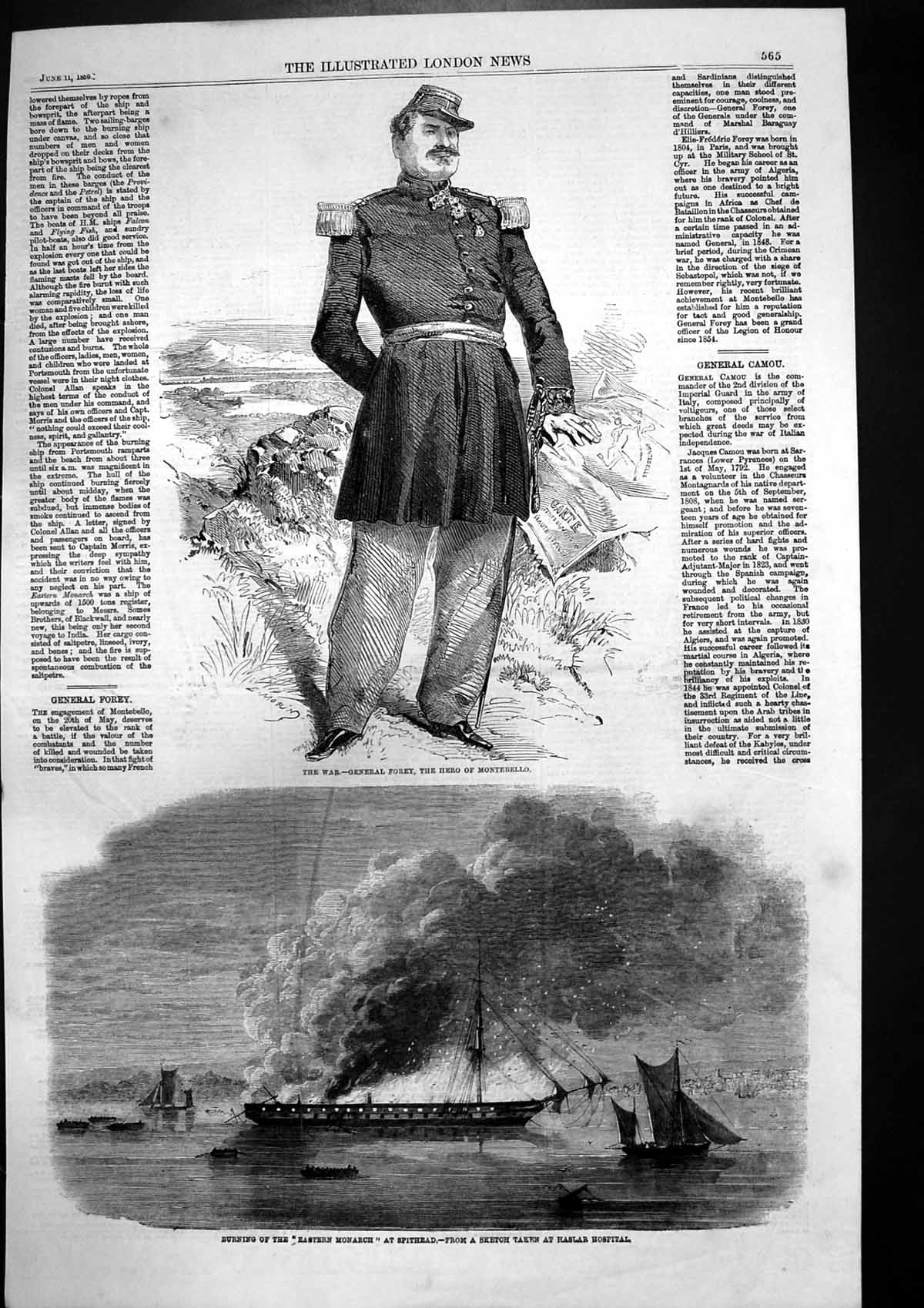Antique Old Print Burning Eastern Monarch Spithead Gen Forey Montebello 1859