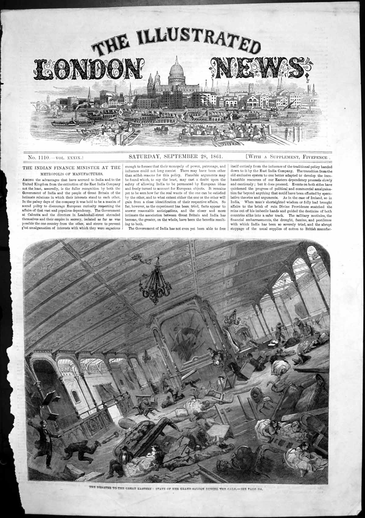 Original Old Antique Print Disaster Great Eastern Grand Saloon During Gale 1861