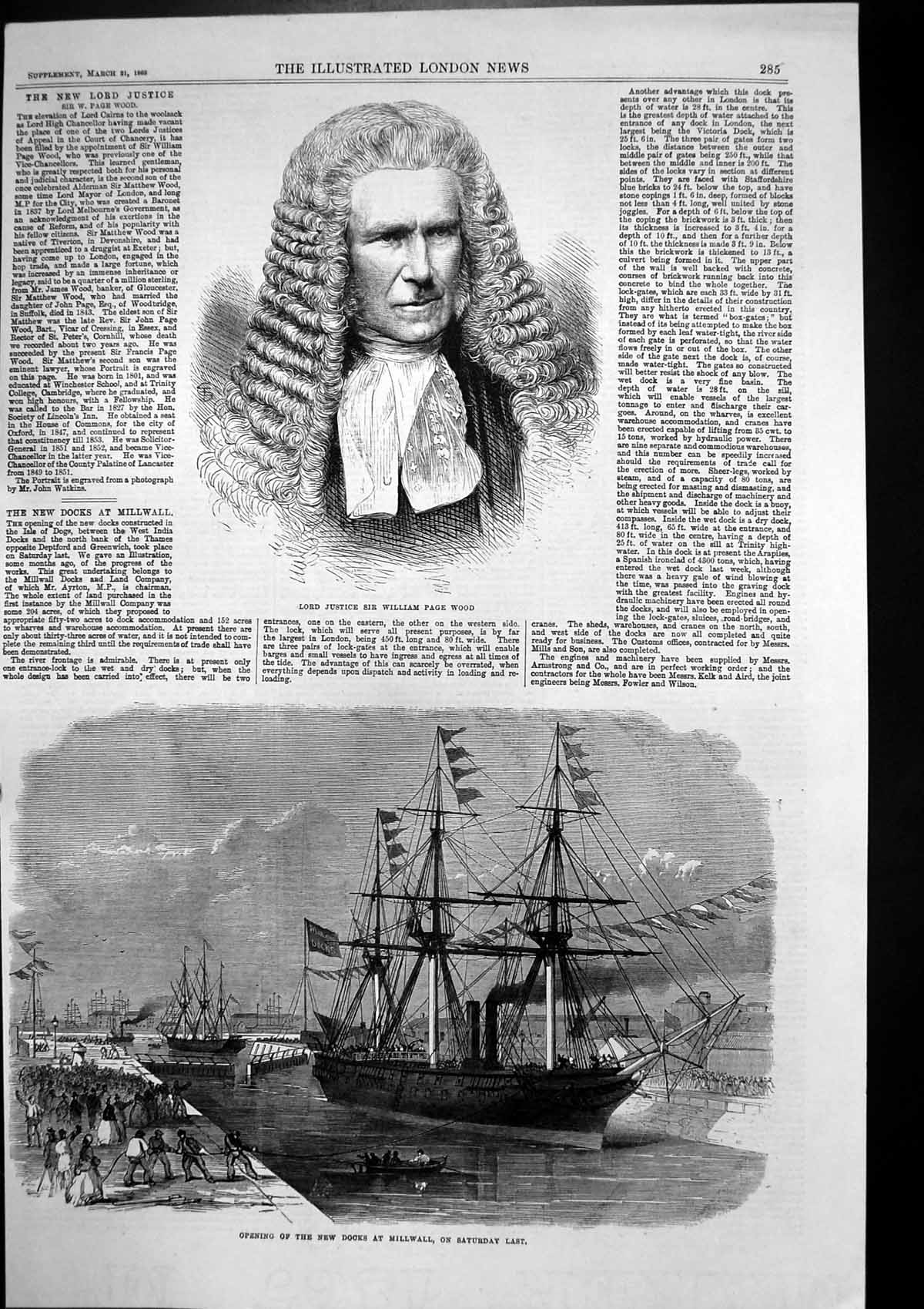 Antique Print Opening New Docks Millwall Lord Justice Sir William Wood 1868