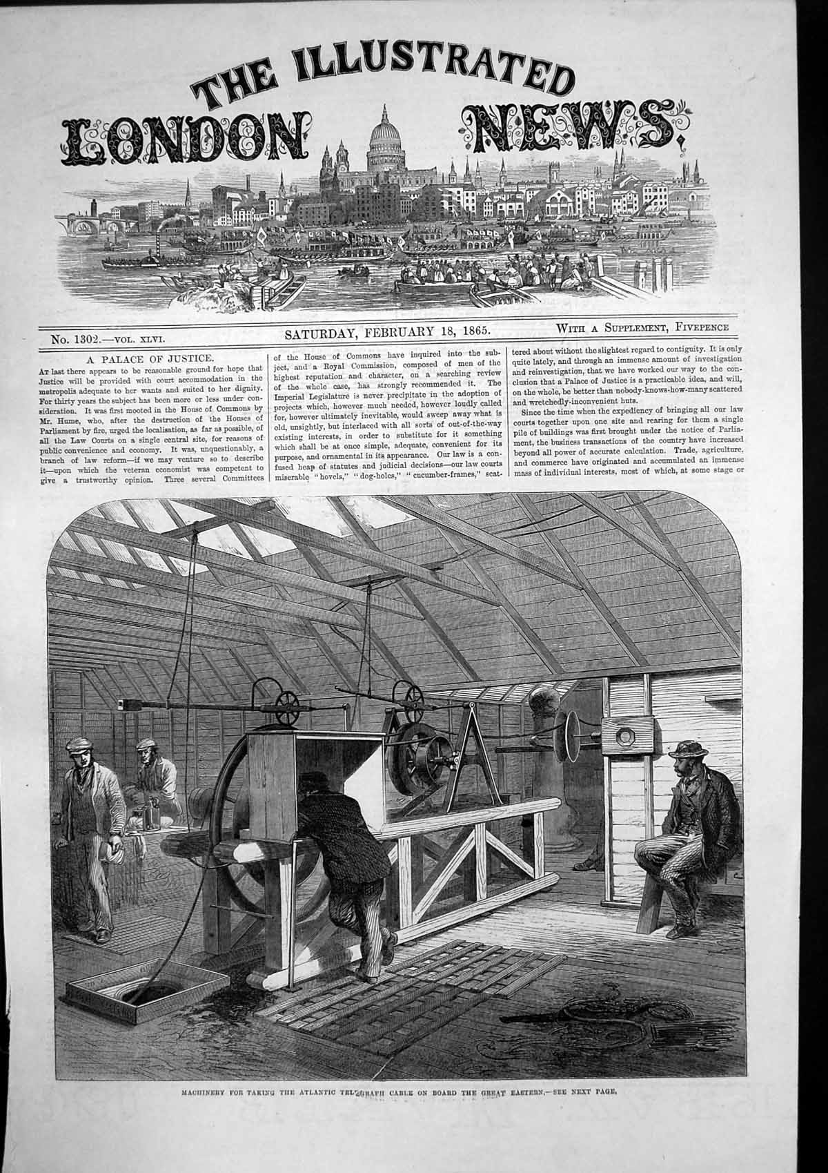 Antique Print Machinery Taking Atlantic Telegraph Cable Great Eastern 1865 19th