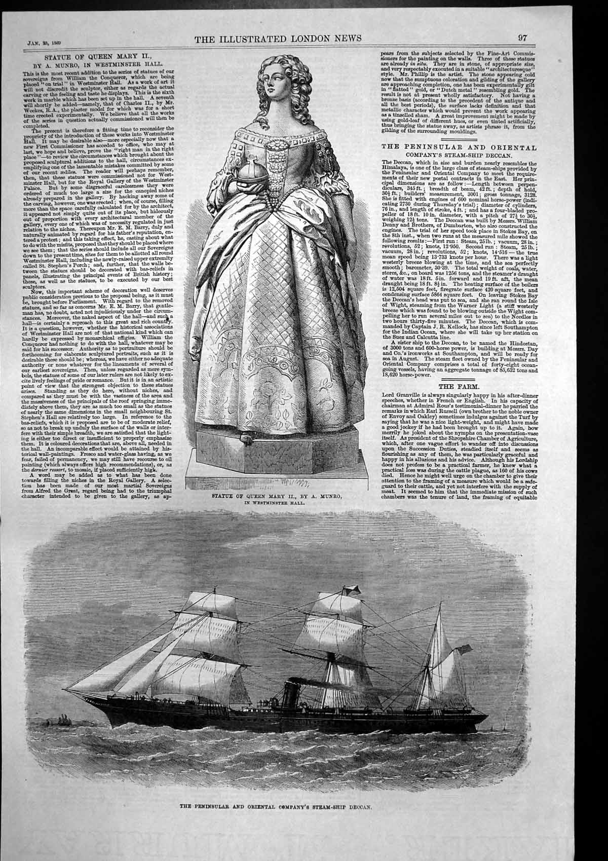 Antique Old Print Statue Queen Mary 11 Peninsular Co Steamship Deccan 1869