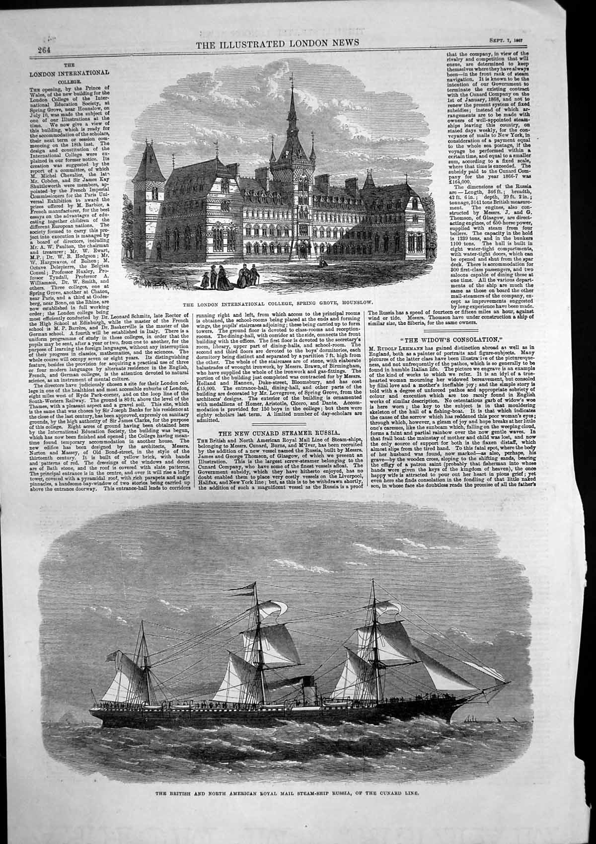 Antique Old Print London College Hounslow Royal Mail Steamship Russia 1867 19th