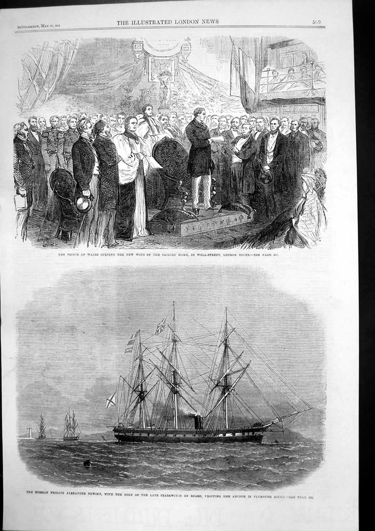 Old Print Russian Frigate Alexander Newsky Prince Wales Sailors Home 1865 19th
