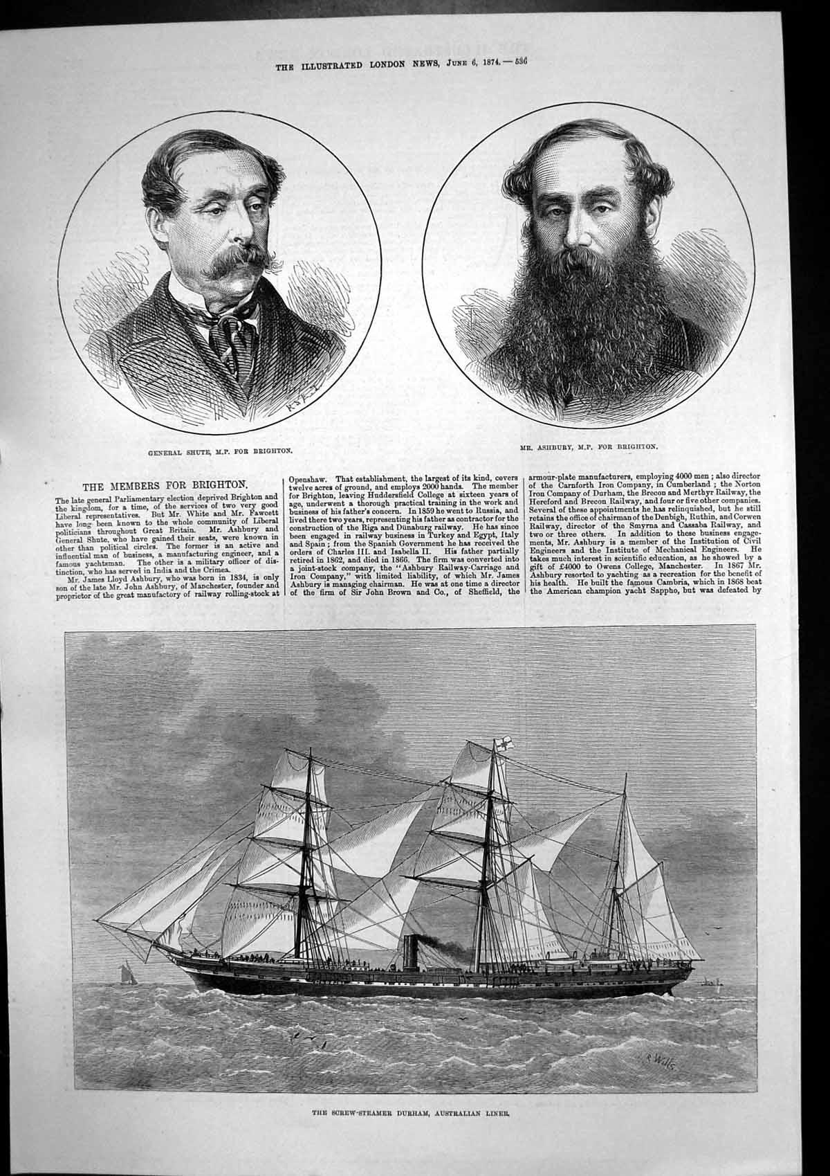 Antique Old Print Screw Steamer Durham Gen Shute Mr Ashbury Mp Brighton 1874