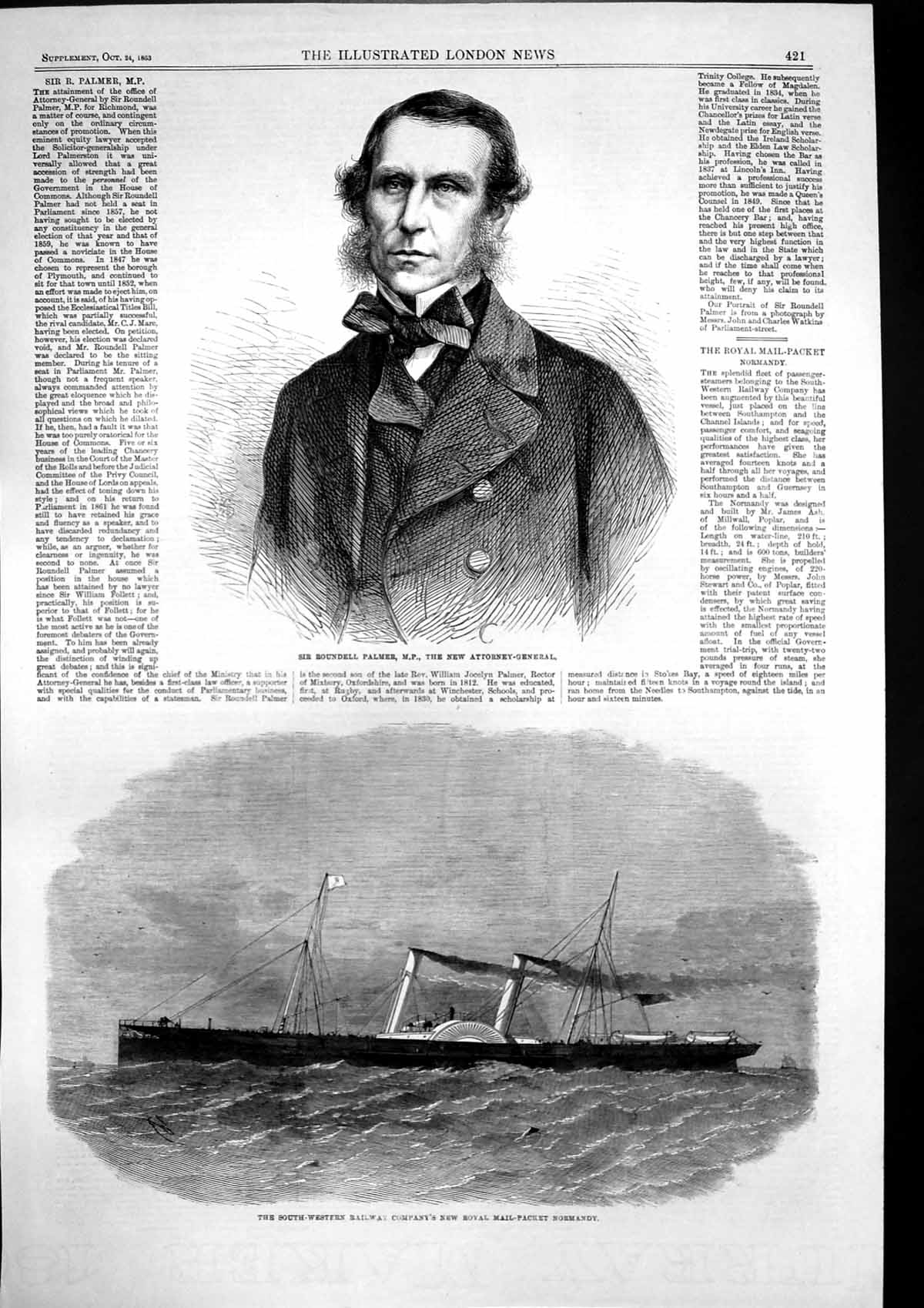 Old Print Sir Roundell Palmer Mp Rail Co Royal Mail-Packet Normandy 1863 19th