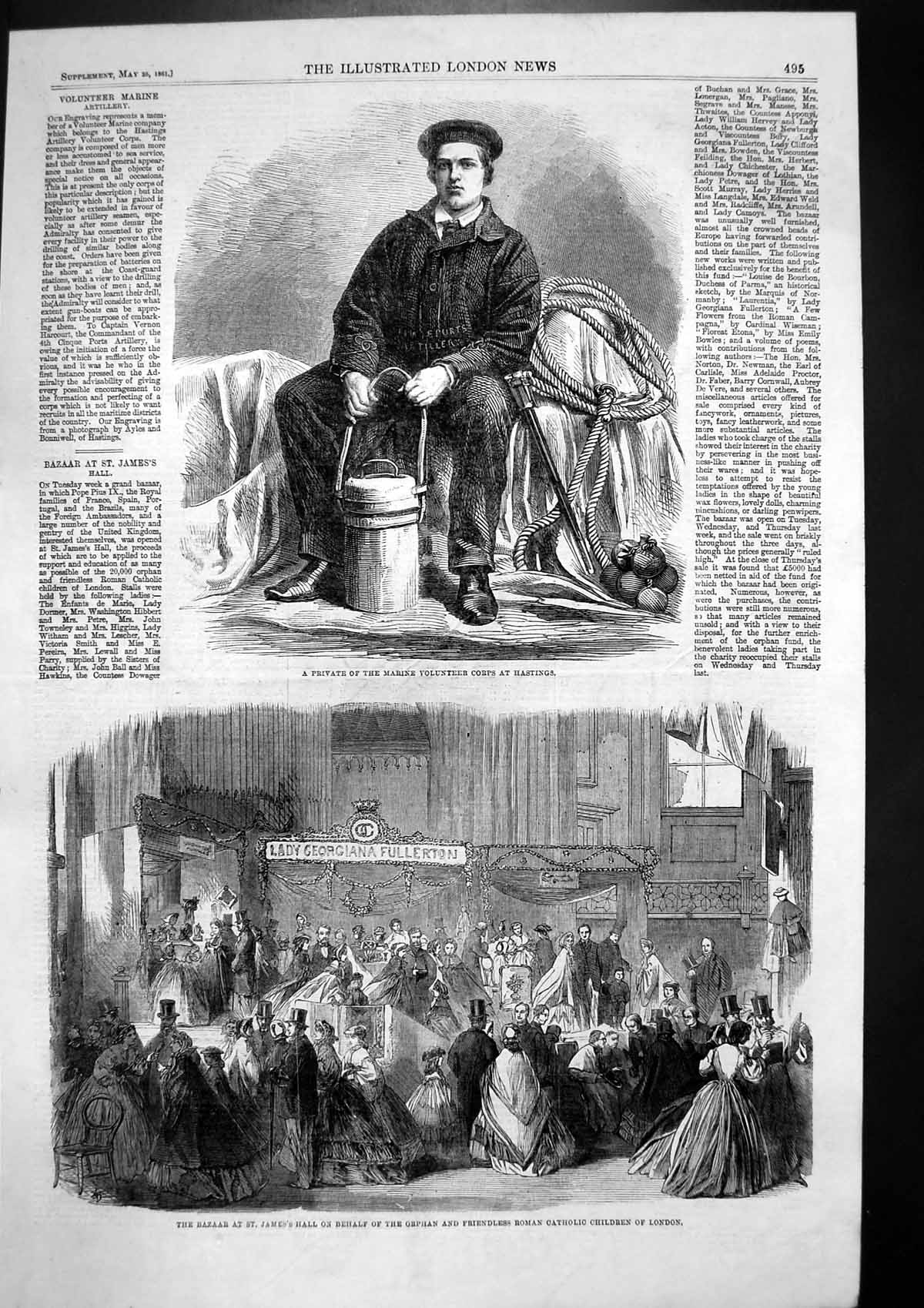Antique Old Print Private Marines Bazaar Orphan Roman Catholic Children 1861