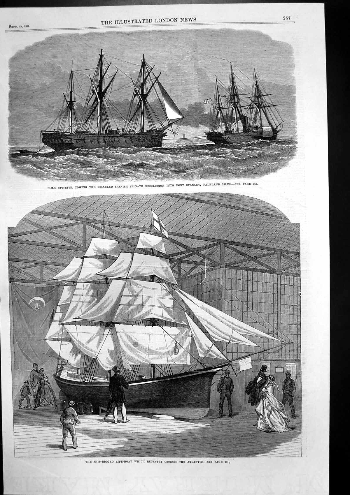 Antique Old Print Ship-Rigged Life-Boat Hms Spiteful Towing Resolucion 1866