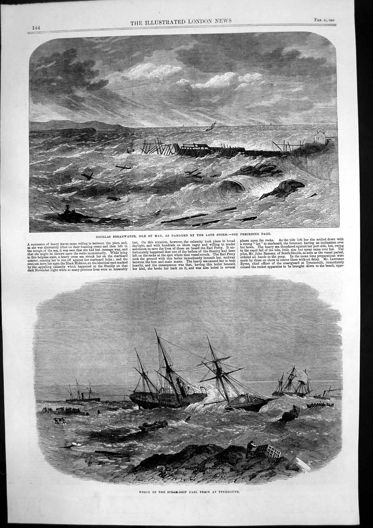 Antique Print Wreck Steamship Earl Percy Tynemouth Douglas Breakwater 1865 19th