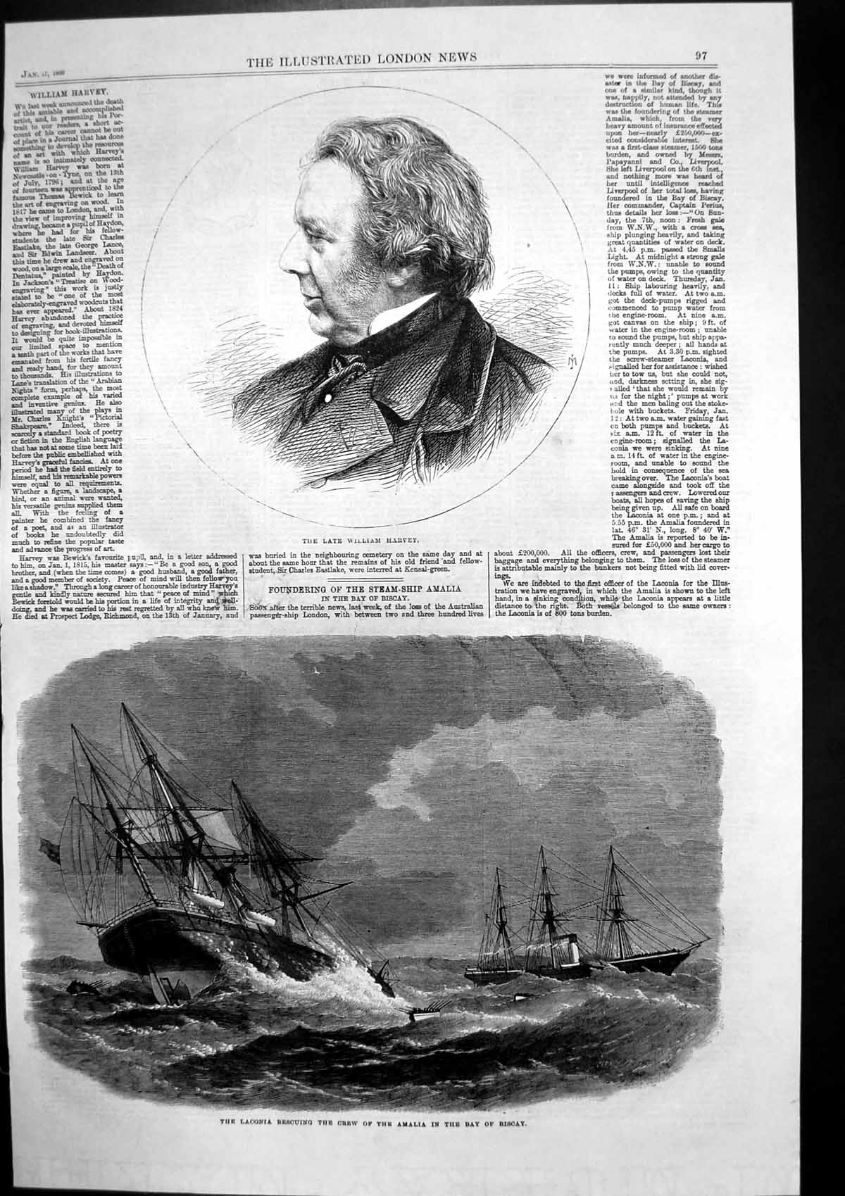 Antique Old Print William Harvey Laconia Rescuing Crew Amalia Bay Biscay 1866