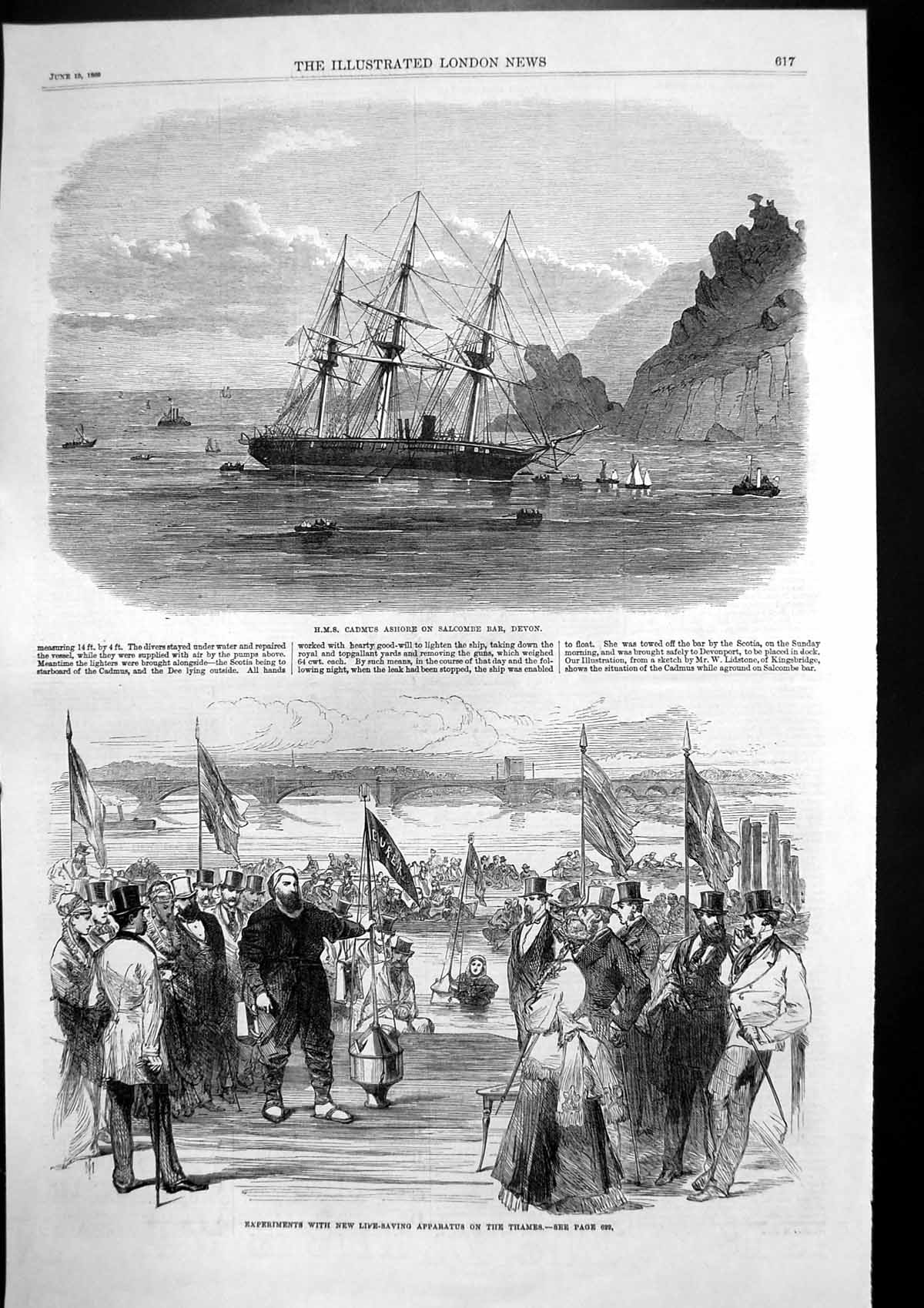 Antique Print Hms Cadmus Devon Experiments Life-Saving Apparatus Thames1869
