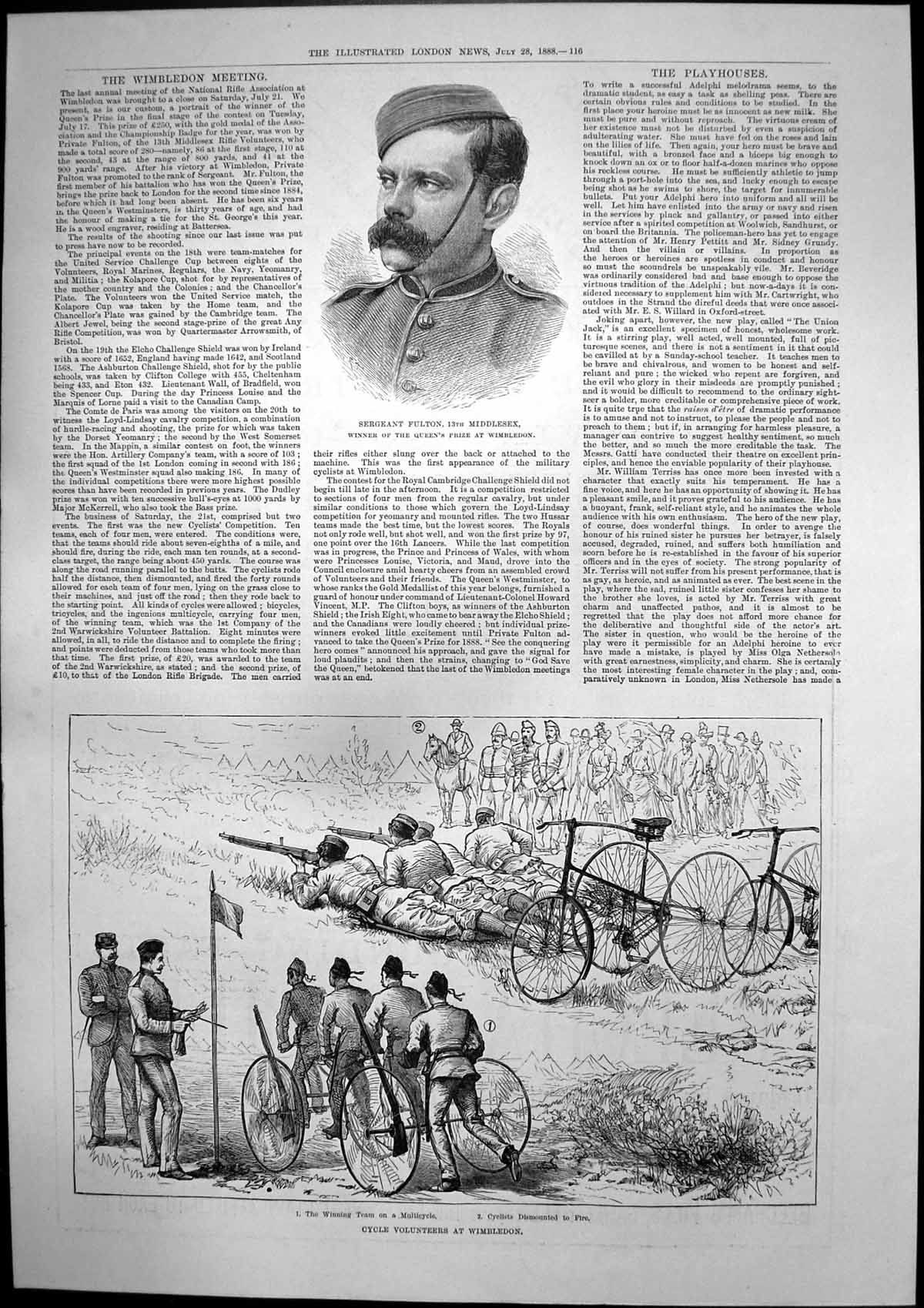 Old Antique Print Cycle Volunteers Wimbledon Sergeant Fulton Winner 1888 19th