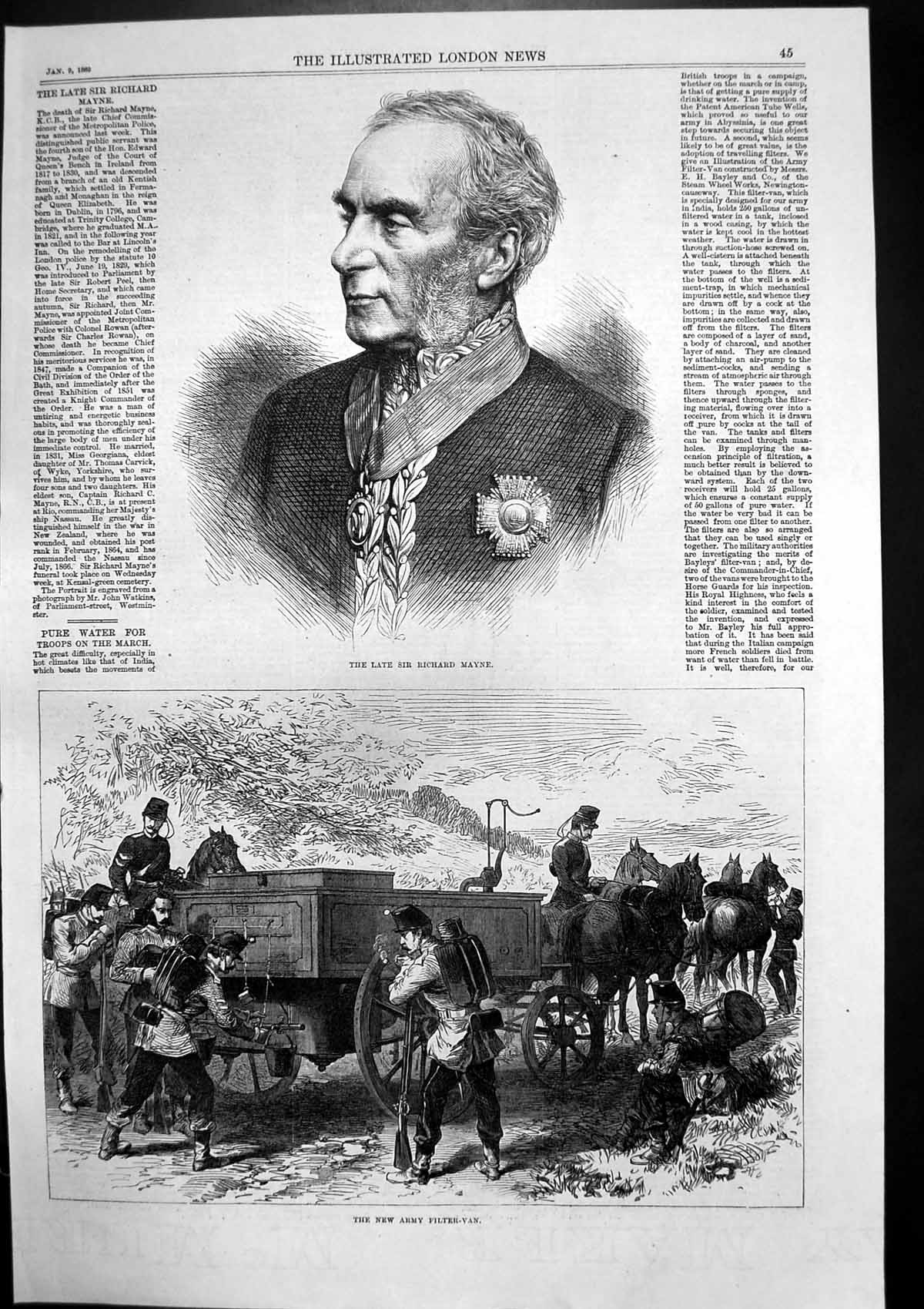 Old Print Sir Richard Mayne Police New Army Filter Van Troops Water 1869 19th