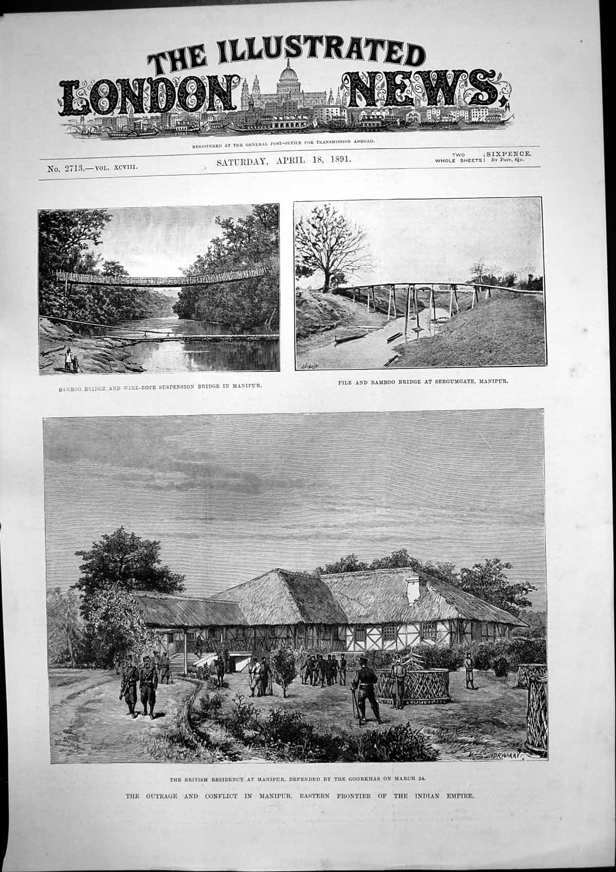 Antique Old Print Conflict Manipur India British Residency Bamboo Bridge 1891