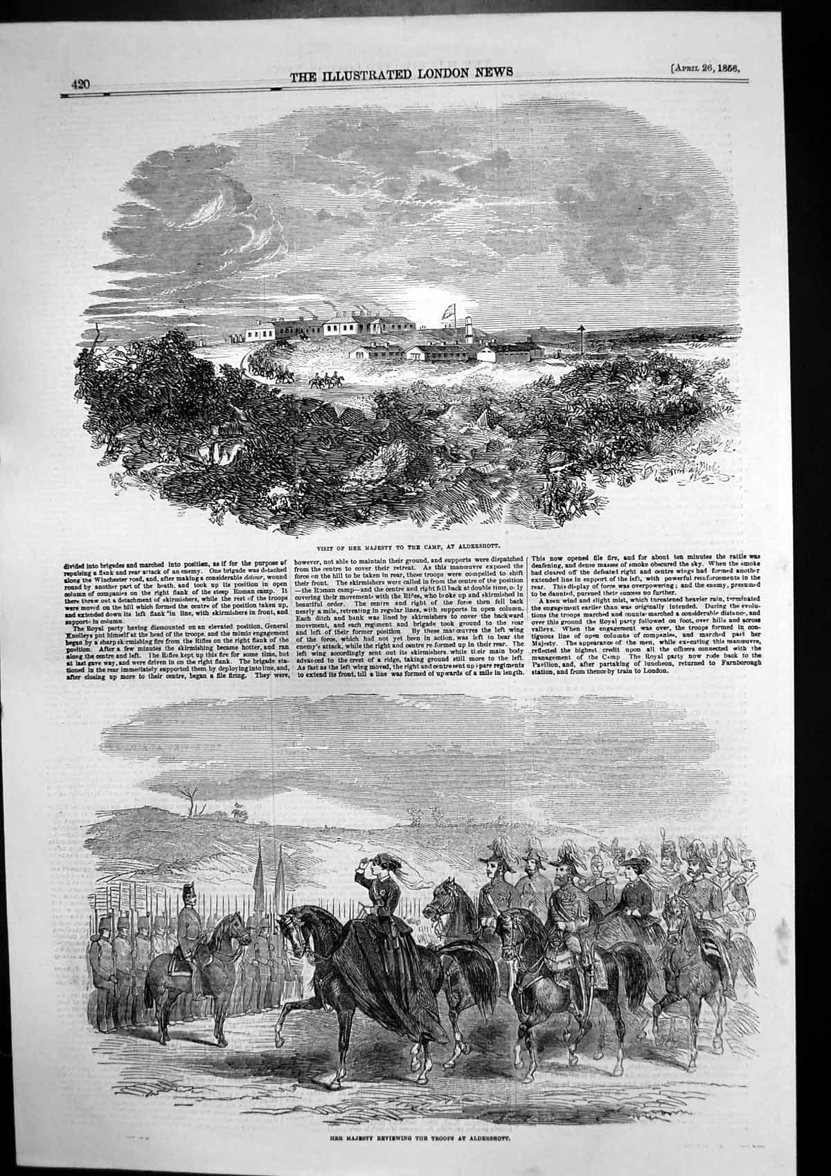 Original Old Antique Print Queen Vist Camp Aldershot Reviewing Troops 1856 19th