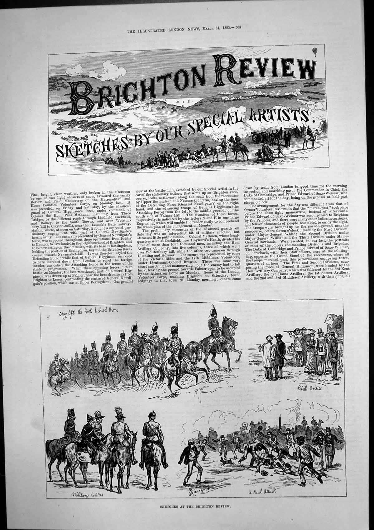 Old Antique Print Brighton Review Military Civil Critics Real Attack 1883 19th