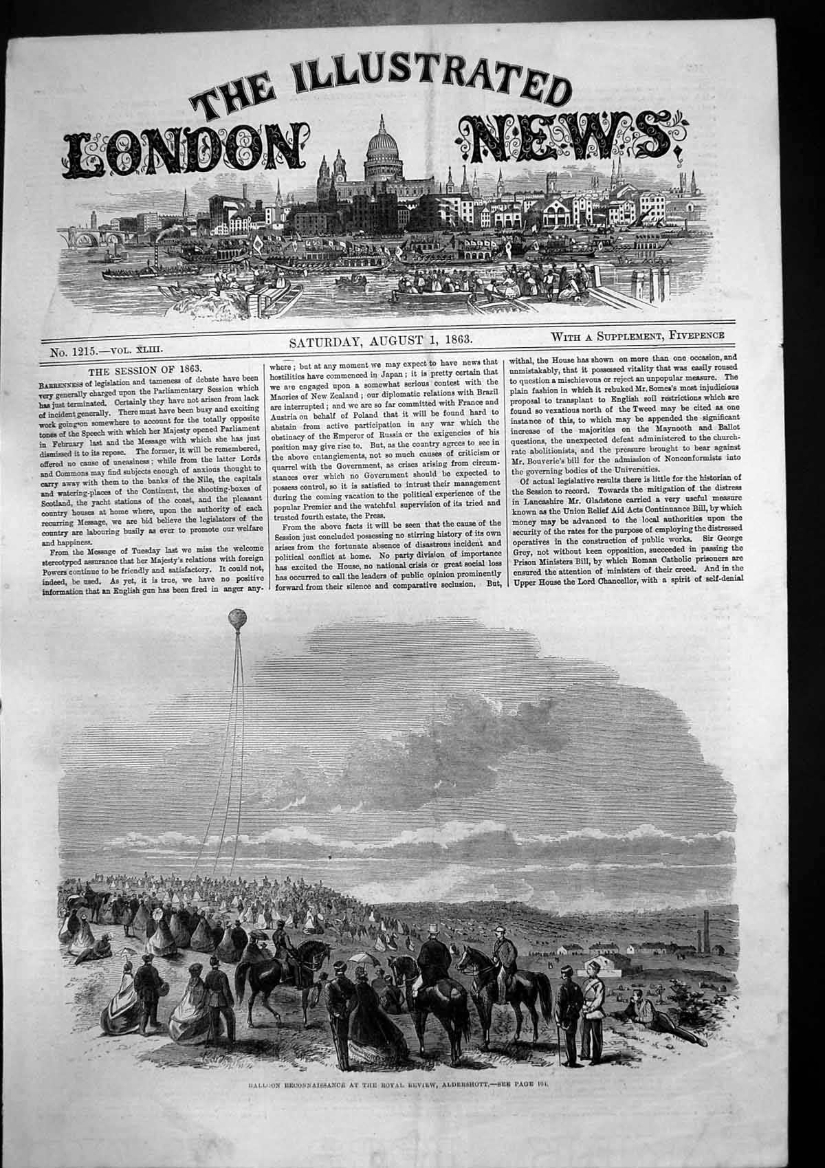 Antique Old Print Balloon Reconnaissance Royal Military Review Aldershot 1863