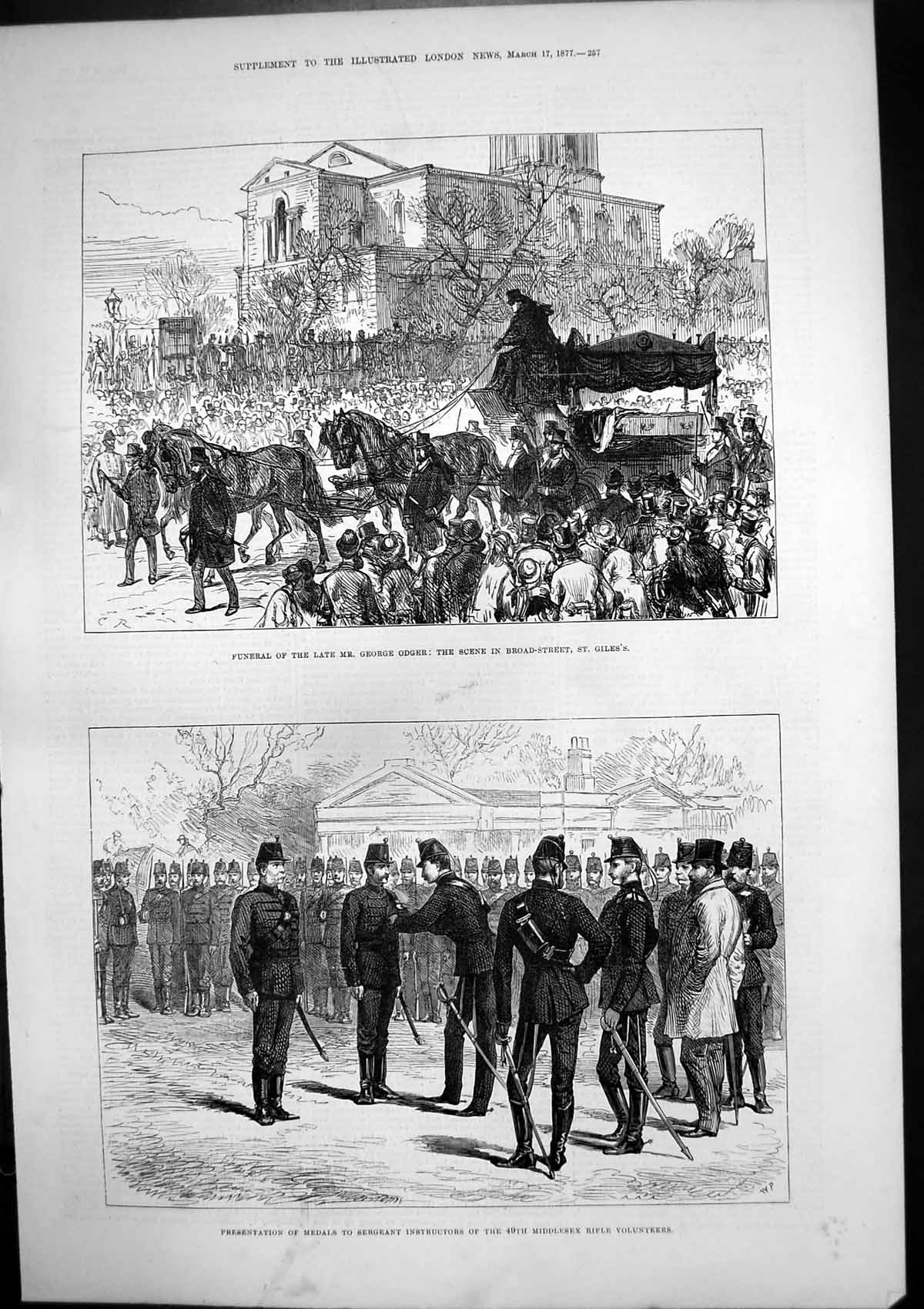 Antique Old Print Funeral George Odger St Giles Medals Middlesex Rifles 1877