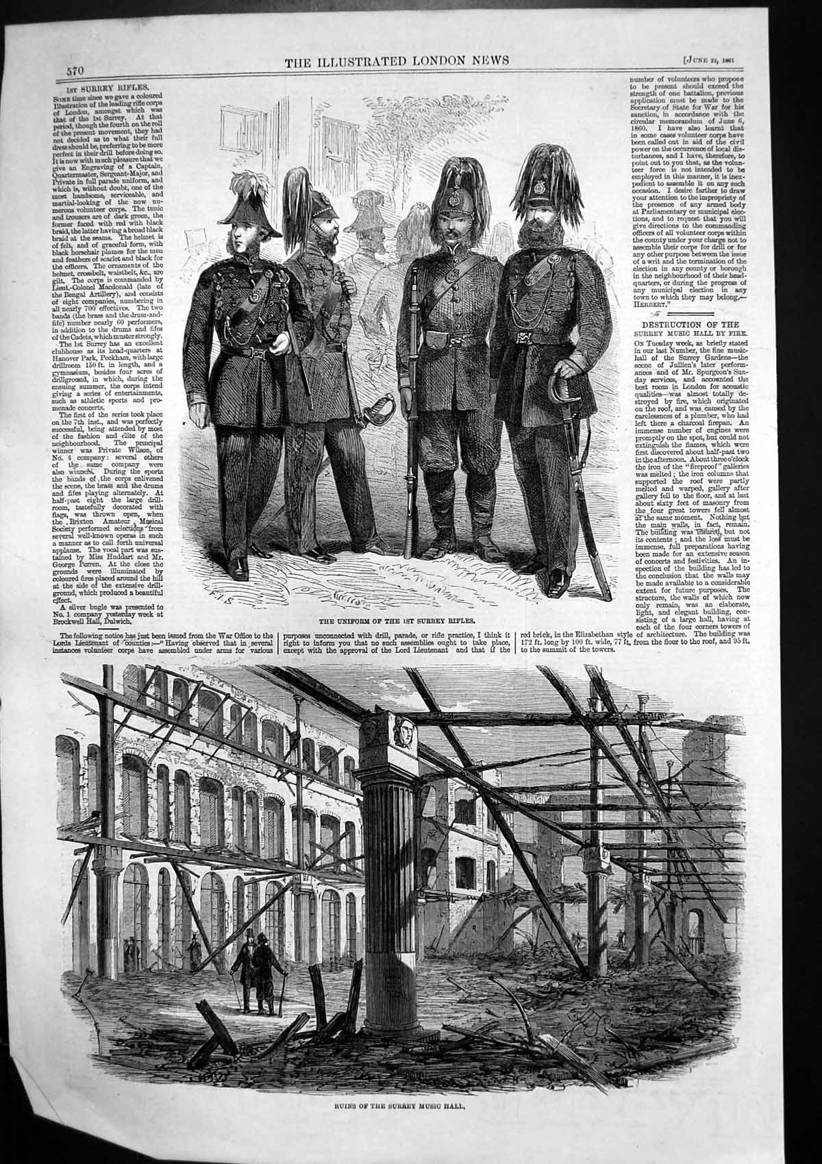 Old Antique Print Uniform 1St Surrey Rifles Ruins Surrey Music Hall 1861