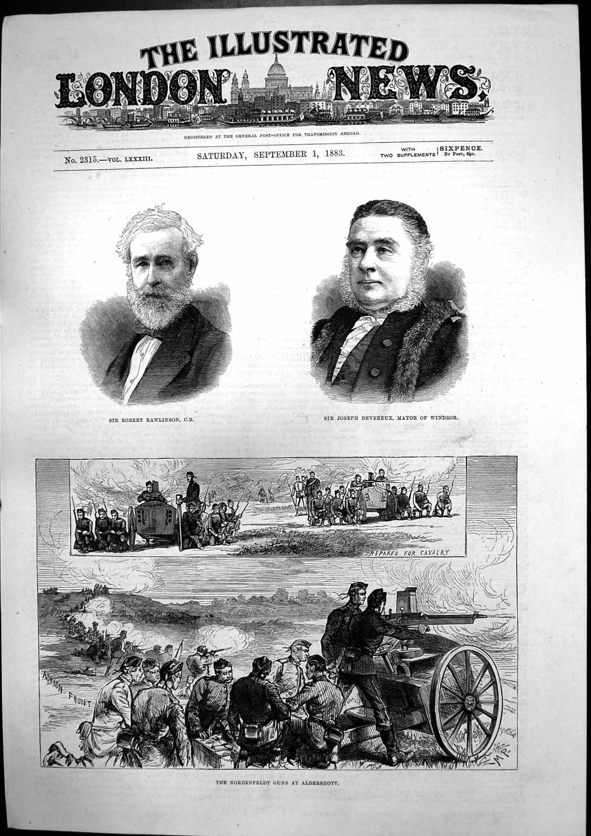 Antique Old Print Nordenfeldt Guns Aldershot Robert Rawlinson J Devereux 1883