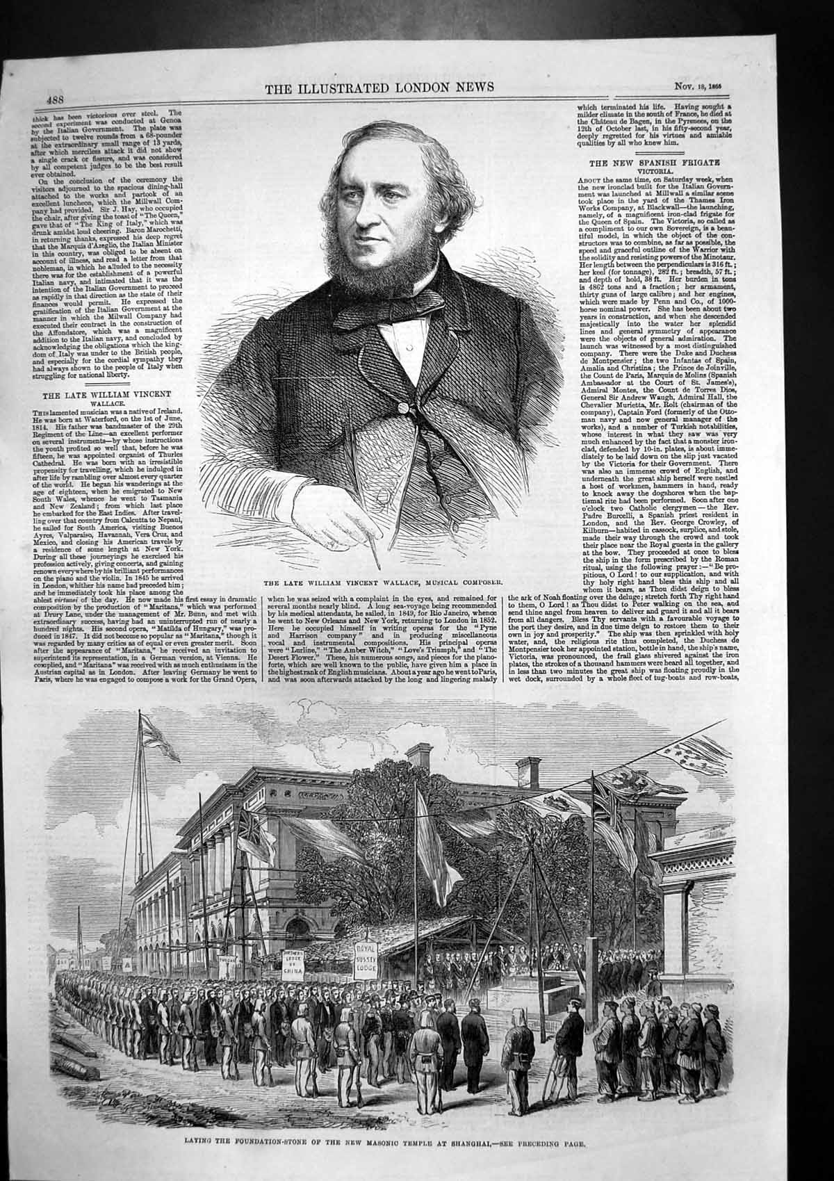 Antique Old Print W Wallace Composer Foundation Masonic Temple Shanghai 1865