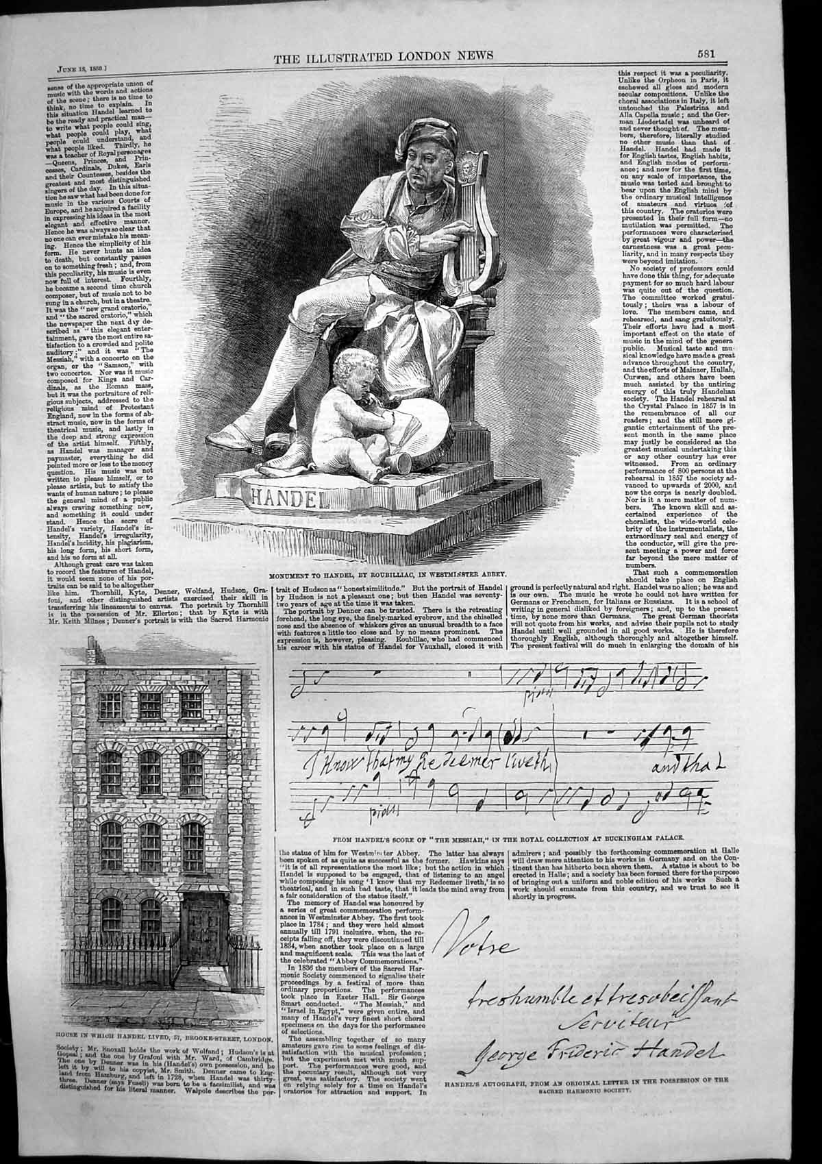 Antique Old Print Monument Handel Westminster Abbey House Brooke Street 1859