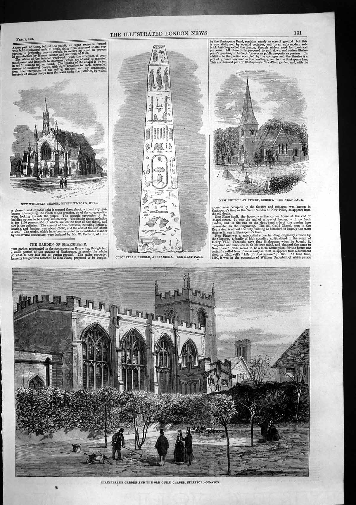 Antique Print Cleopatras Needle Alexandria Shakespeare Garden Stratford1862