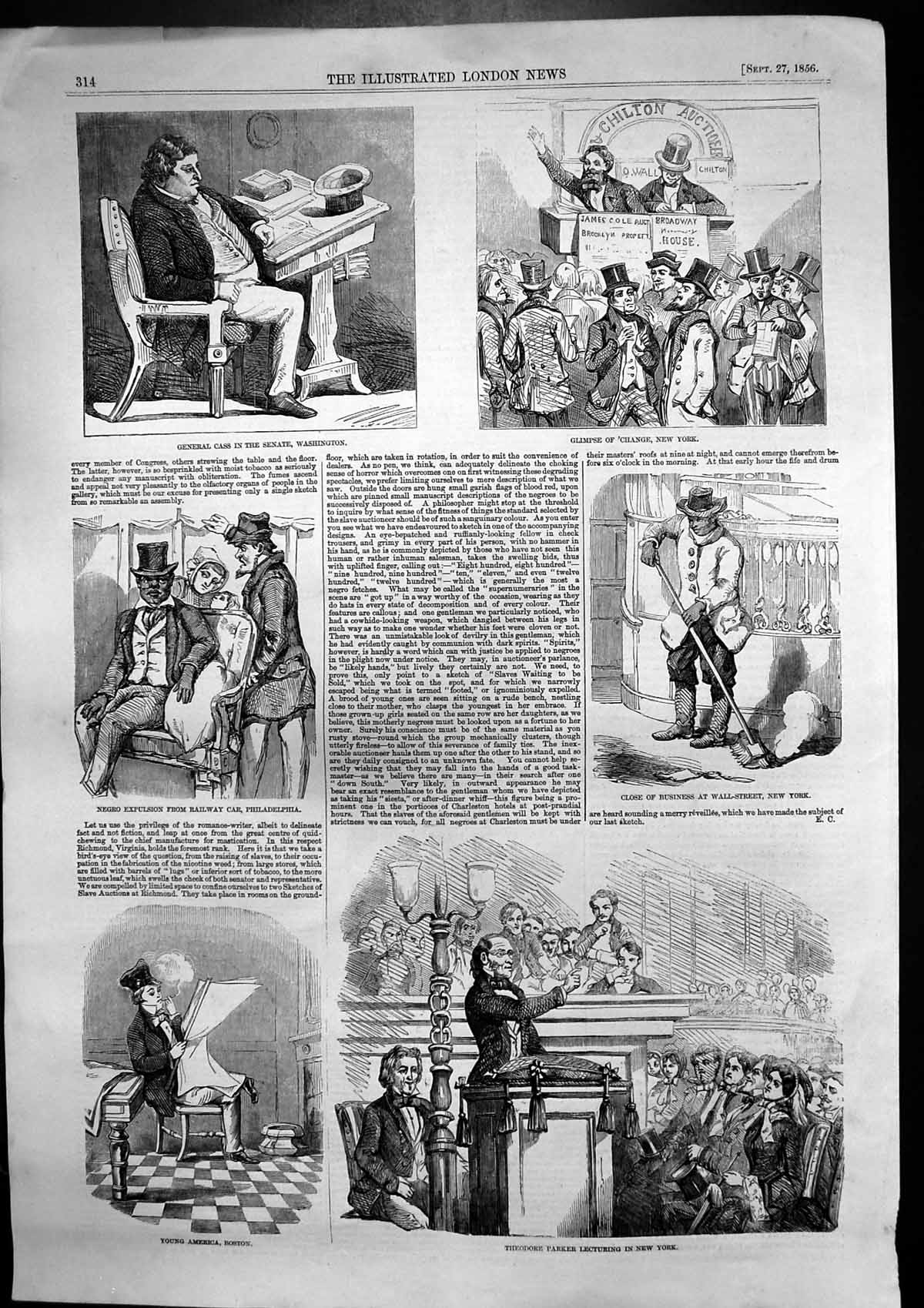 Antique Print Theodore Parker New York Gen Cass Senate Wall Street N Y 1856