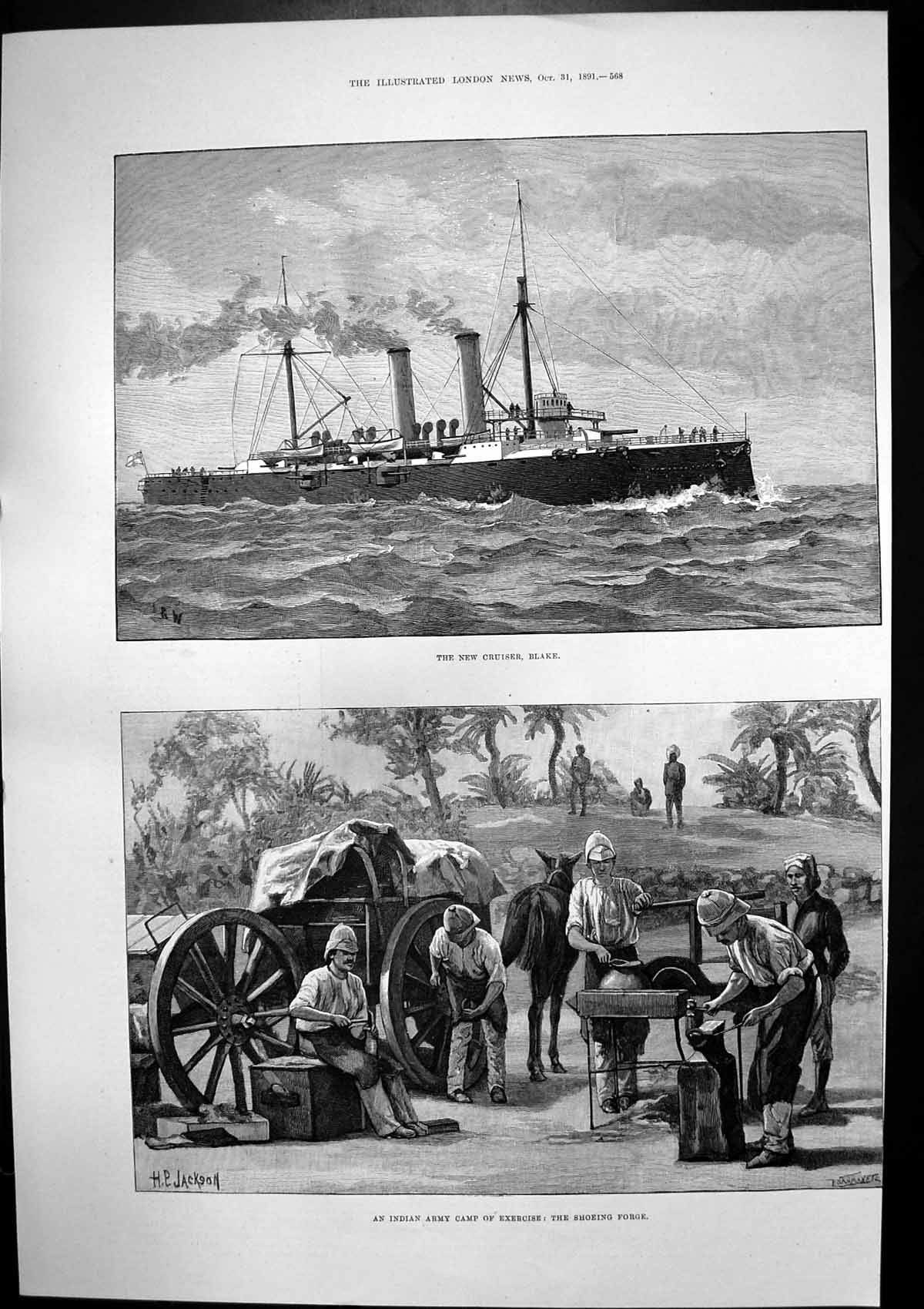 Antique Print New Cruiser Blake Josef Kainz Indian Army Shoeing Forge 1891 19th