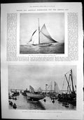 Antique Old Print America Cup Valkyrie 111 Defender Tugs Stratford Mill 1895