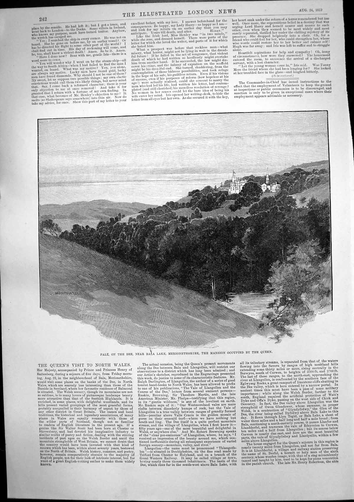 Antique Old Print Pale Dee Bala Lake Merionethshire Wales Queens Mansion 1889