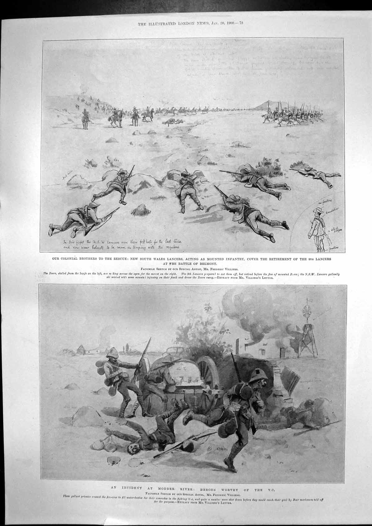 Antique Old Print Battle Belmont Mounted Infantry Modder River Gb Portman1900