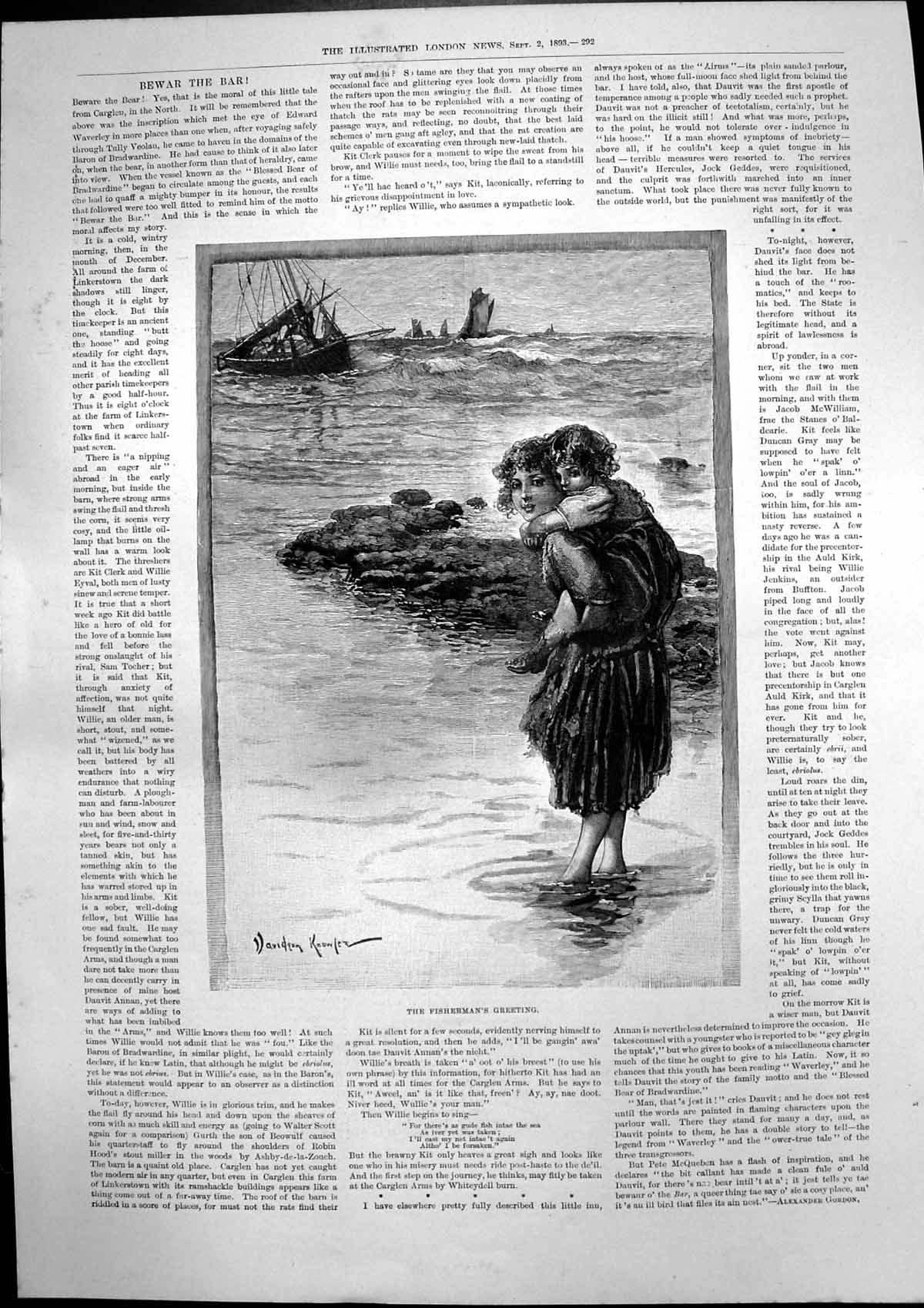 Antique Old Print Fishermans Greeting Girl Shoulders Sedan Chair Windsor 1893