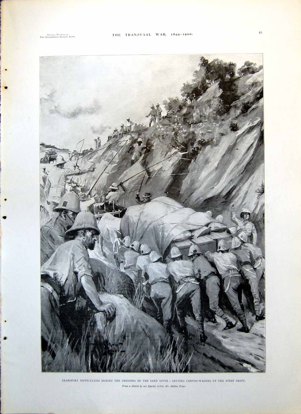 Antique Print Crossing Sand River Getting Convoy Wagons Up Steep Drift 1899