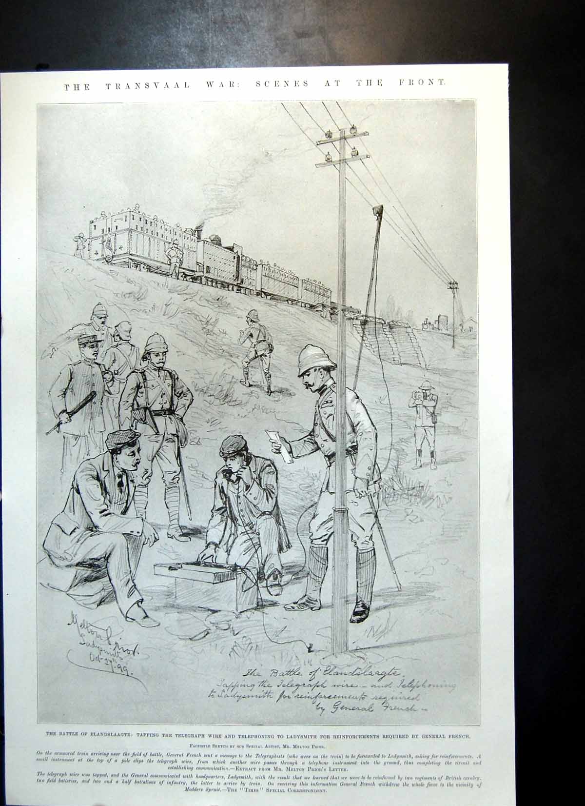 Antique Print Battle Elandslaagte Telephoning Ladysmith Reinforcements 1899