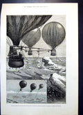 Original Old Antique Print Balloons Proposed North Pole Starting Anchor 1880
