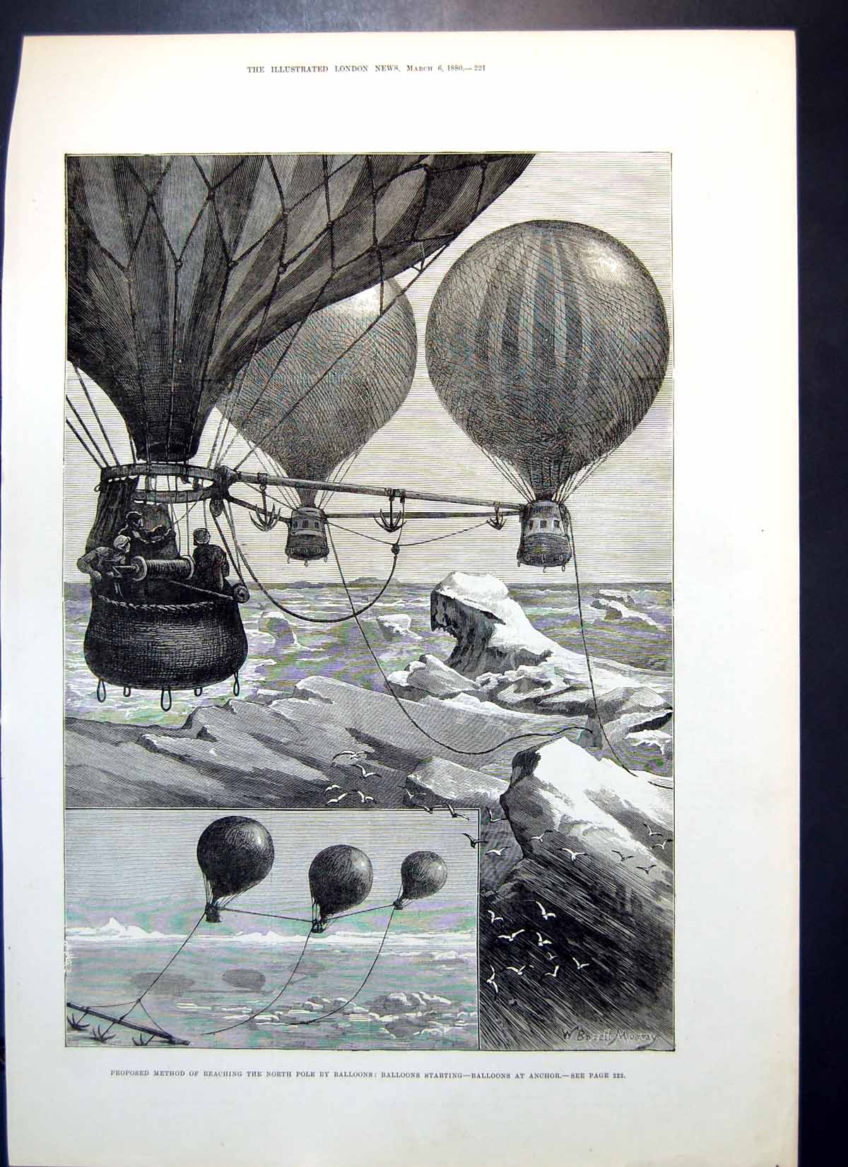 Original Old Antique Print Balloons Proposed North Pole Starting Anchor 1880
