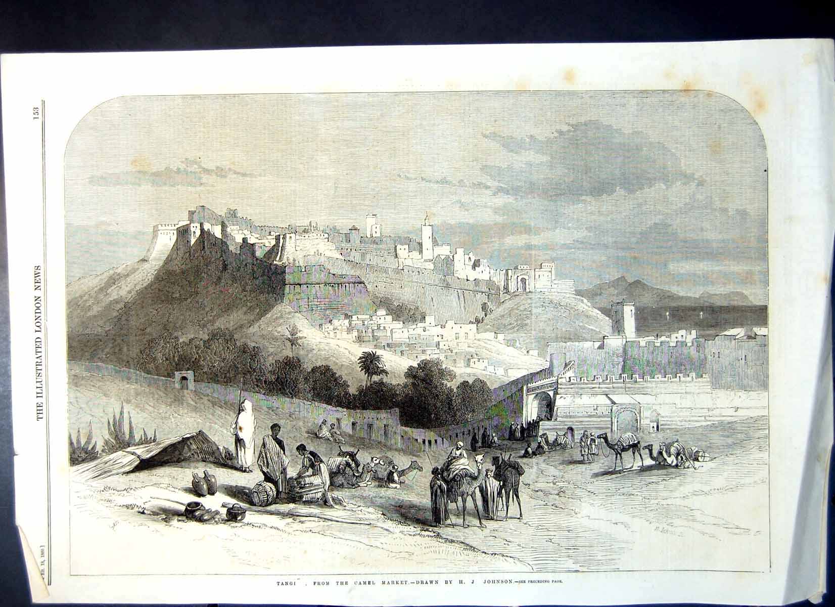 Original Old Antique Print Tangi Situated Hill From Camel Market 1860 Victorian
