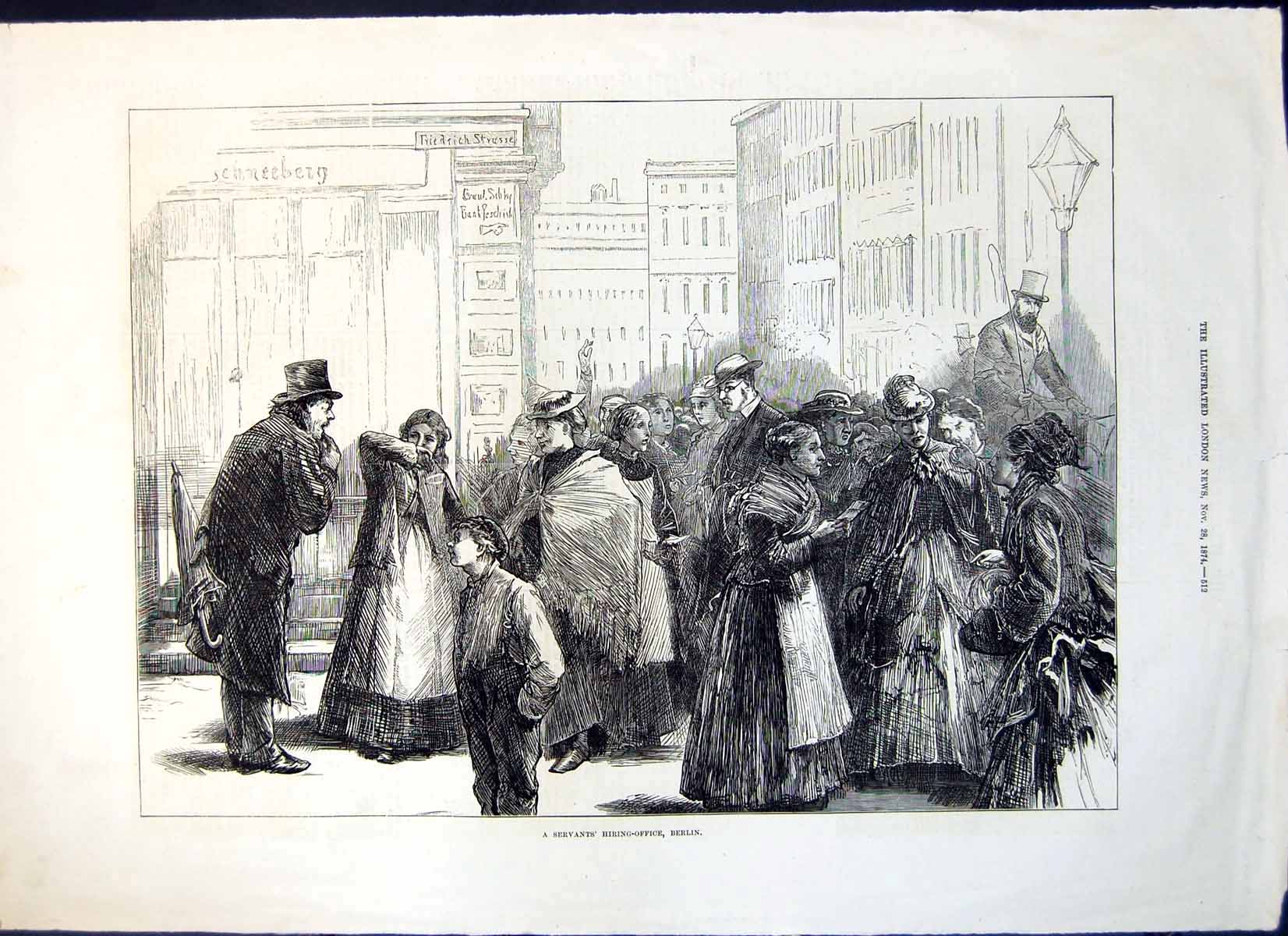 Original Old Antique Print Servants Hiring Office Berlin Crowd Men Women 1874