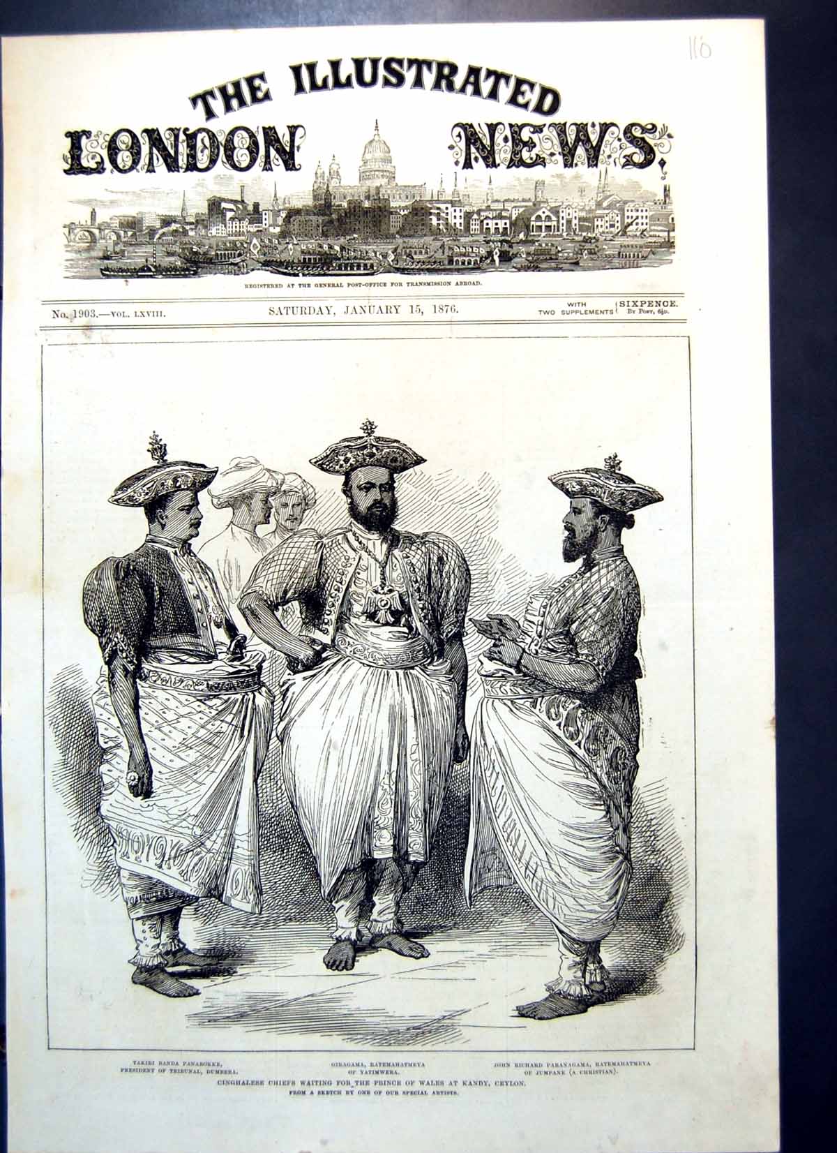 Antique Old Print Cinghalese Chiefs Waiting Prince Wales Kandy Ceylon 1876 19th
