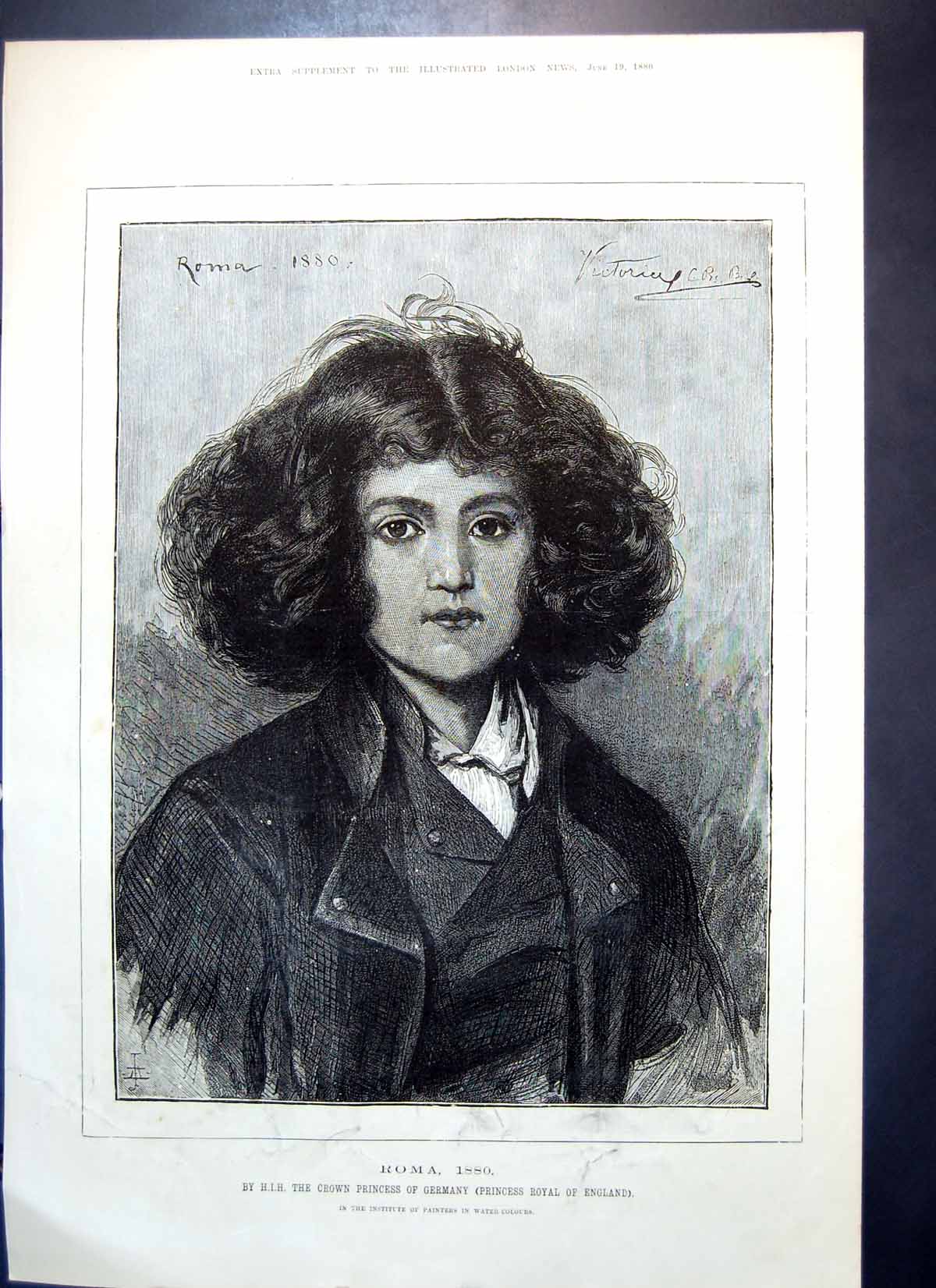 Original Old Antique Print Roma Crown Princess Germany Girl Curly Hair 1880