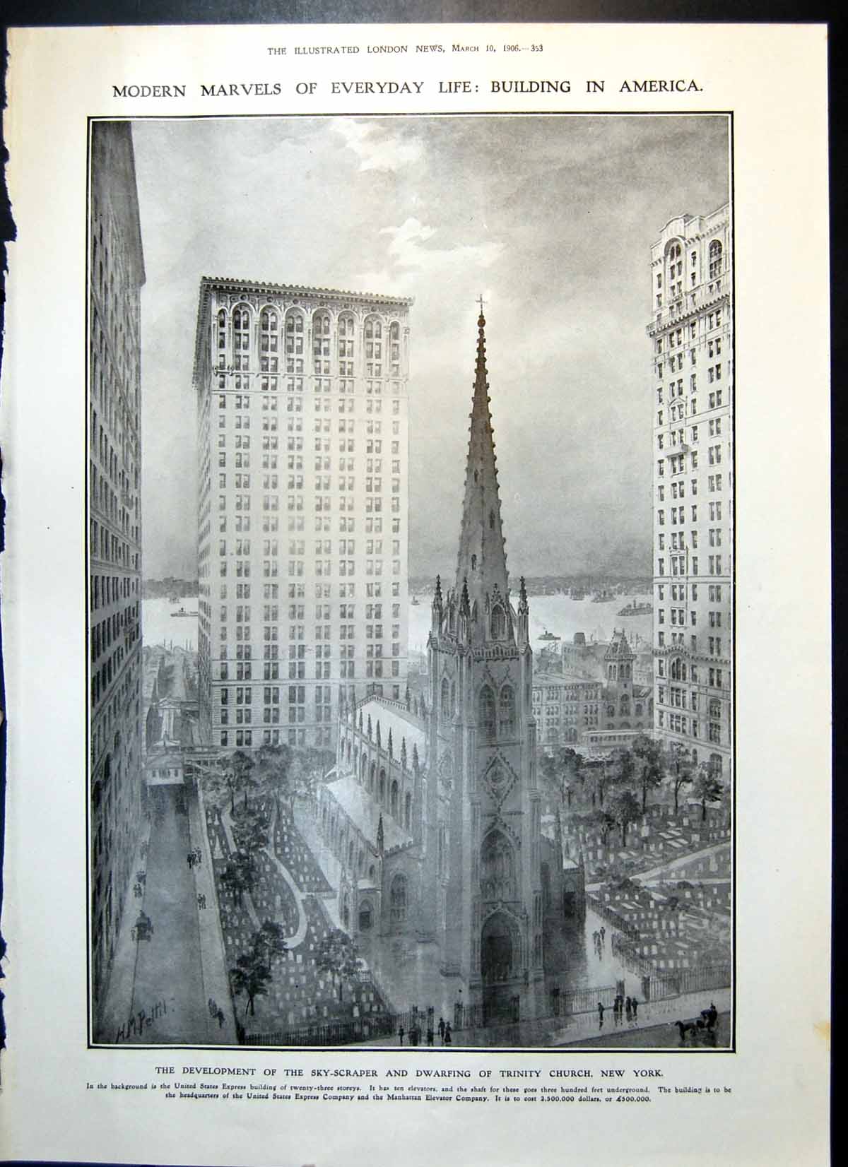 Antique Print Development Skyscraper Dwarfing Trinity Church New York 1906 20th