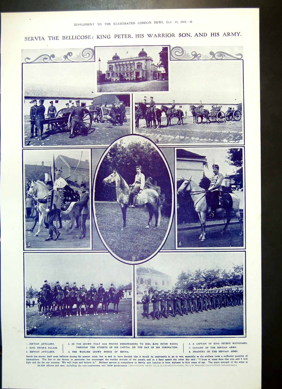 Antique Old Print Servia Bellicose King Peter Warrior Son Servian Army 1908