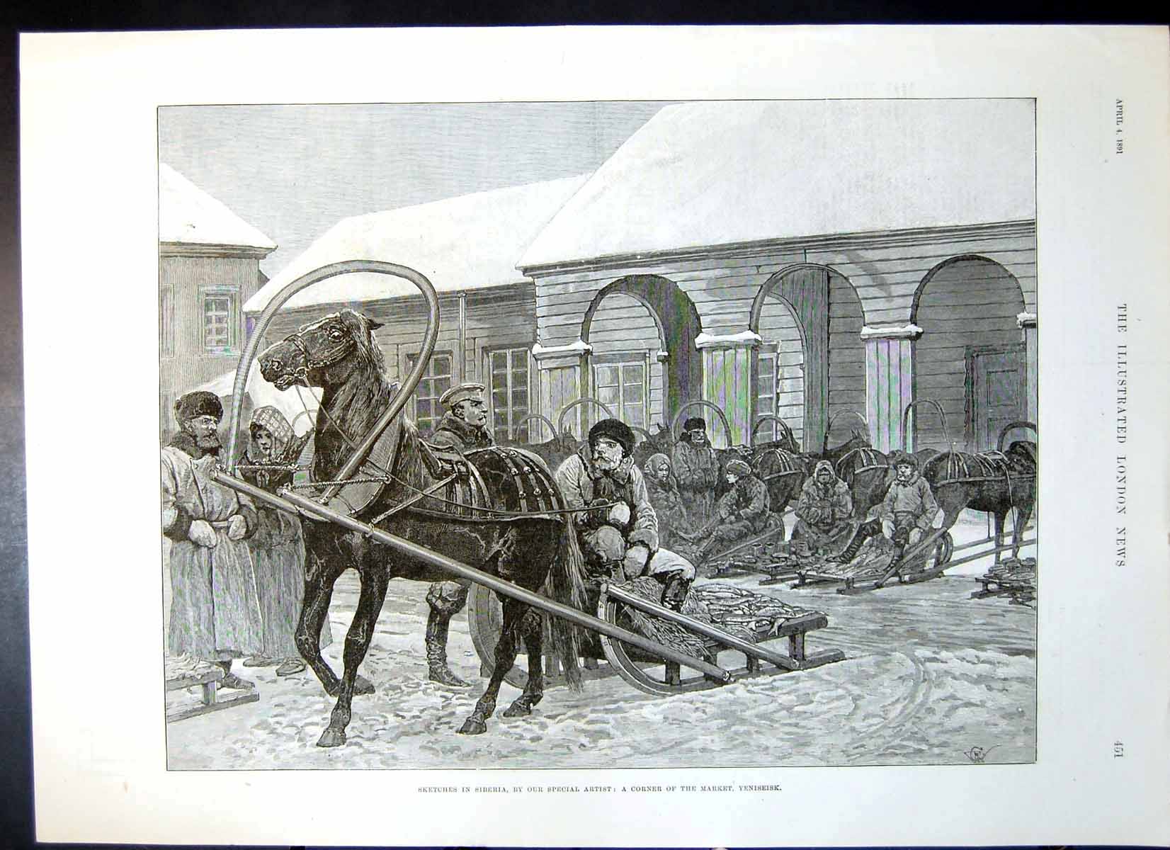 Antique Old Print Sketch Siberia Corner Market Yeniseiskhorse Sledges 1891 19th